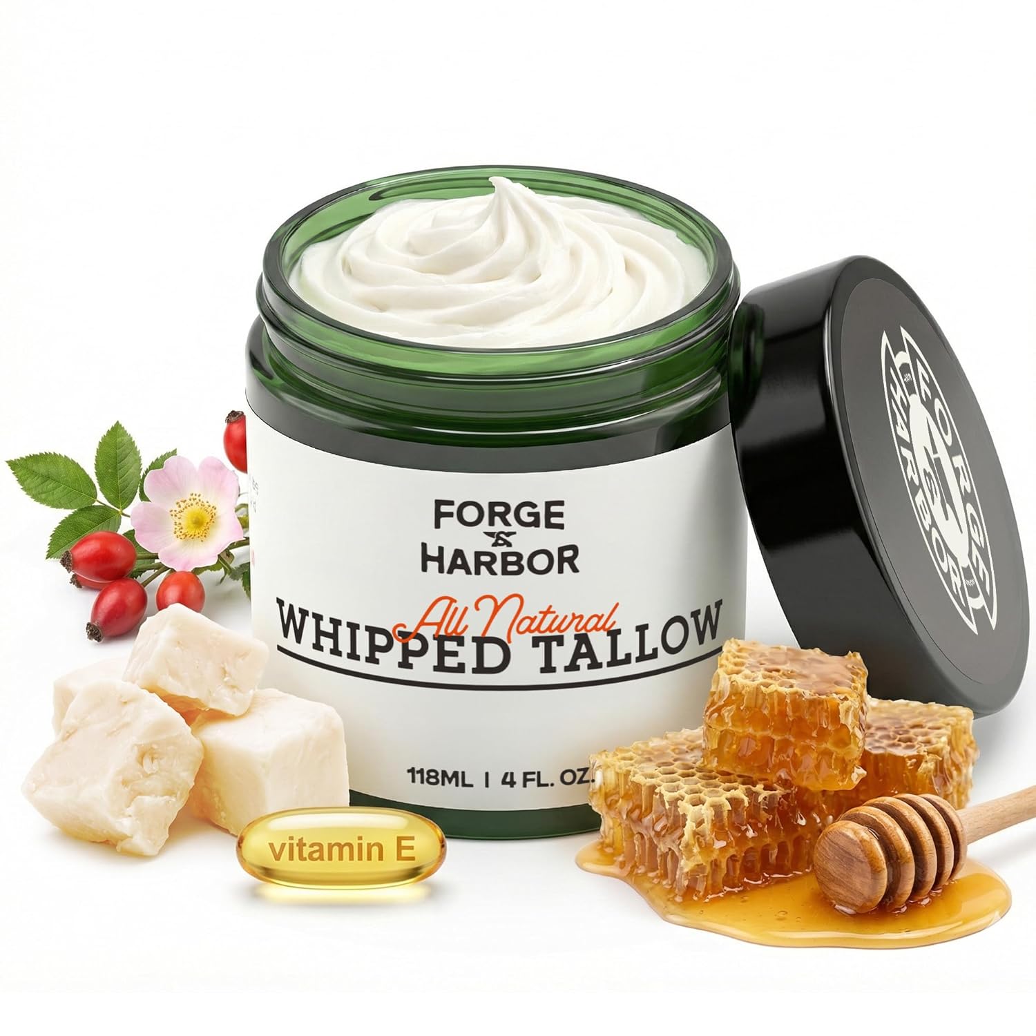 Forge & Harbor Grass-Fed Whipped Tallow for Skin – Deep Moisture Face & Body Cream with Manuka Honey, Rosehip & Calendula | Small Batch Tallow Skincare for Dry, Irritated & Sensitive Skin (4oz)
