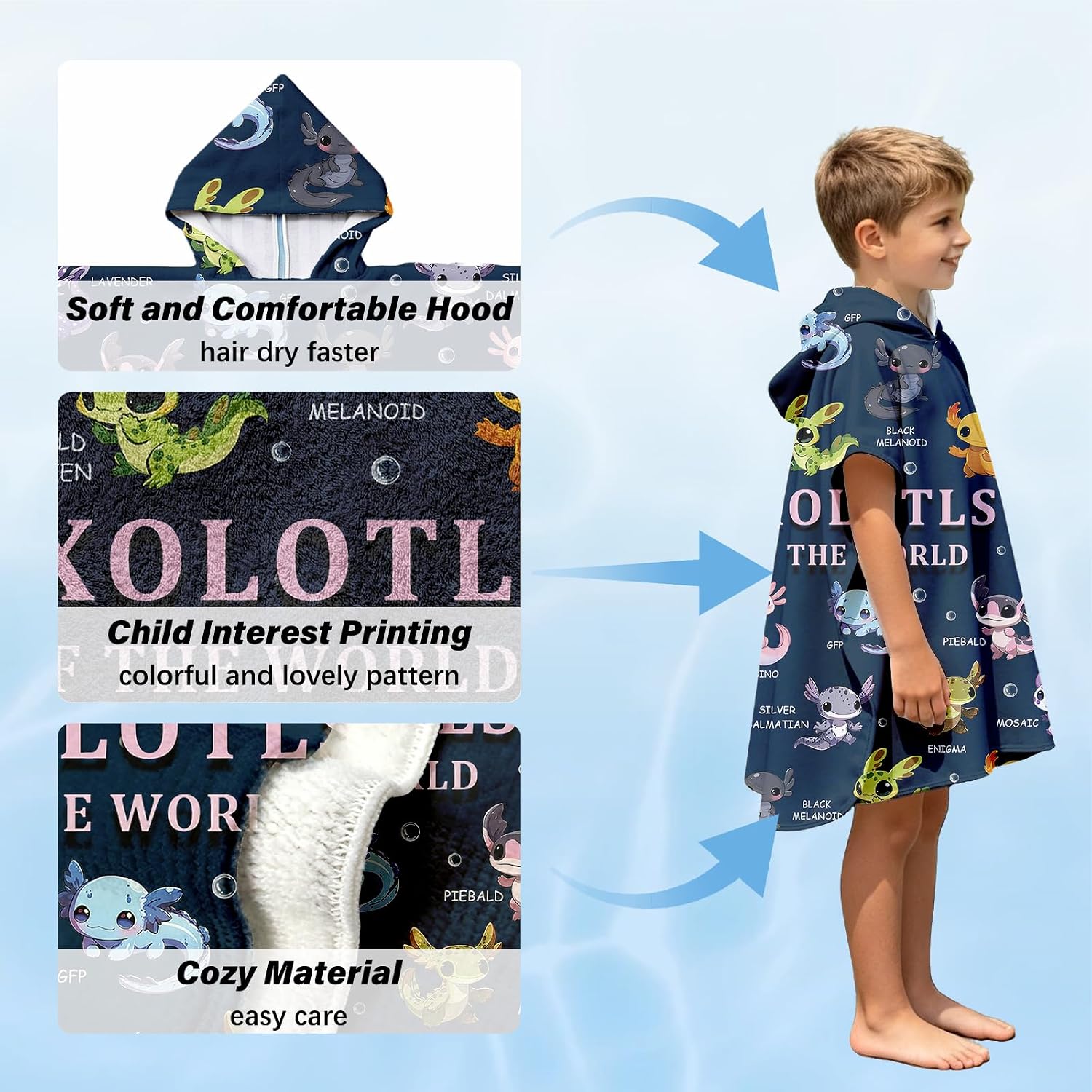 Axolotl Hooded Towels for Kids, Toddler Beach Towels for 4-10 Years, 30" X 30" Kids Towel Poncho, Cartoon Wearable Bath Towel for Boys,Girls, Pool, Swimming, Bath, Beach