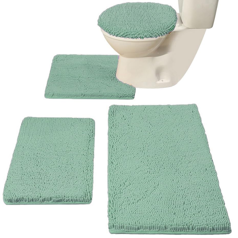 madeals bath rug set 4 piece with toilet lid cover and rug set combo, soft shaggy bath rug set 3 piece and u-shaped toilet floor rug sage green