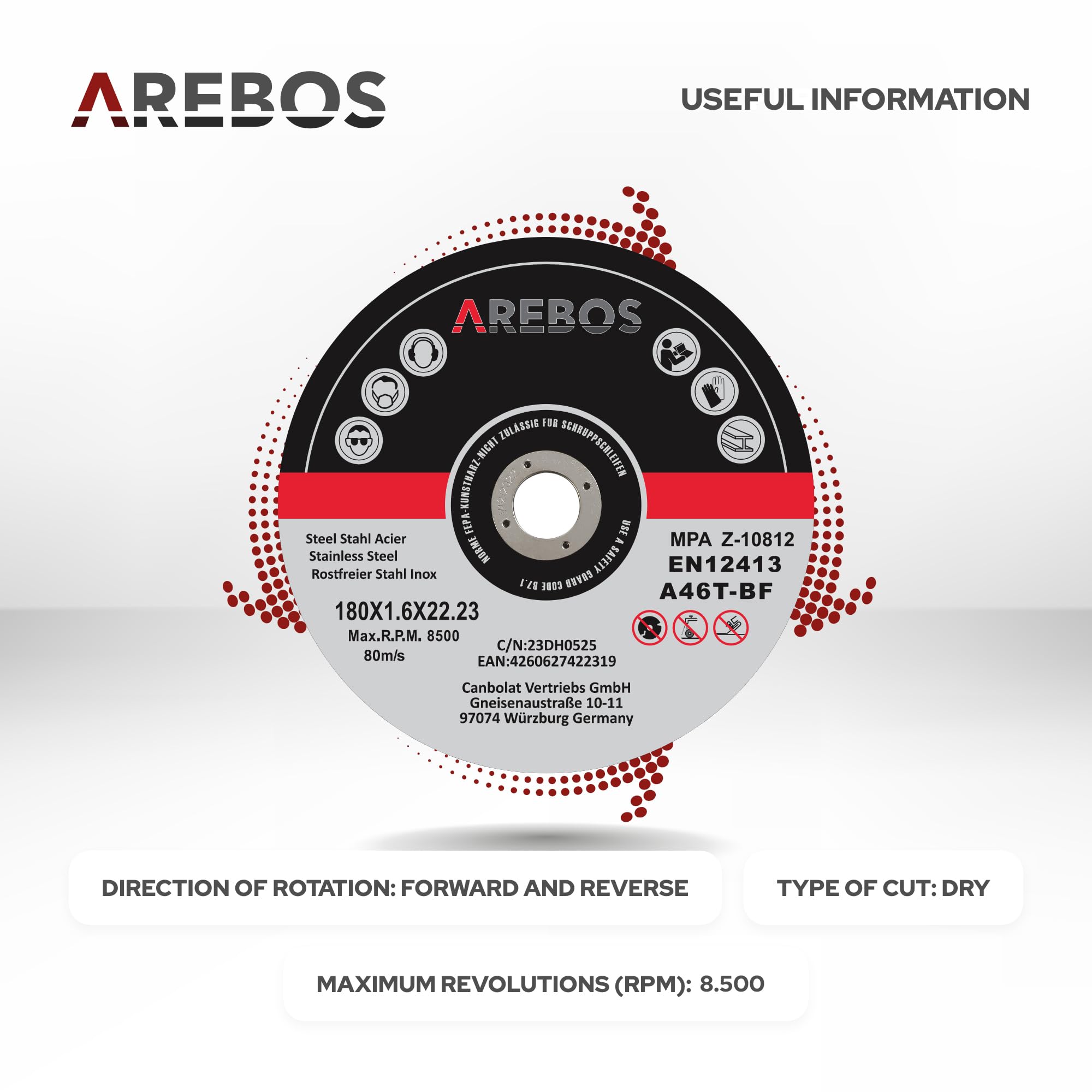 Arebos Discos de corte 50 piezas | Ø 180 mm x 1,8 mm x 22,2 mm | apto para acero, acero inoxidable, inox, hierro, chapa, metal | avance y retroceso | EN 12413 | certificado por (MPA)