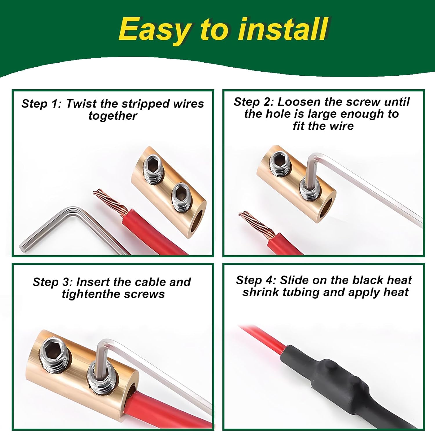 10Pcs 6-10 AWG 6 8 10 Gauge Wire Connector Nut Kit,80Amp Screw Quick Terminal with 10Pcs Heat Shrink Tubes, Splicing Quick Wiring Connection with Wrench, Circuit Brass 4-Hole