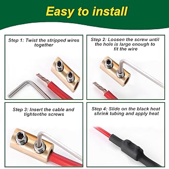 10Pcs 6-10AWG 6 8 10 Gauge Wire Connectors Nut Kit 80Amp Screw Quick Terminal with 10Pcs Heat Shrink Tubes, Splicing Quick Wiring Connection with Wrench, Circuit Brass 2-Hole