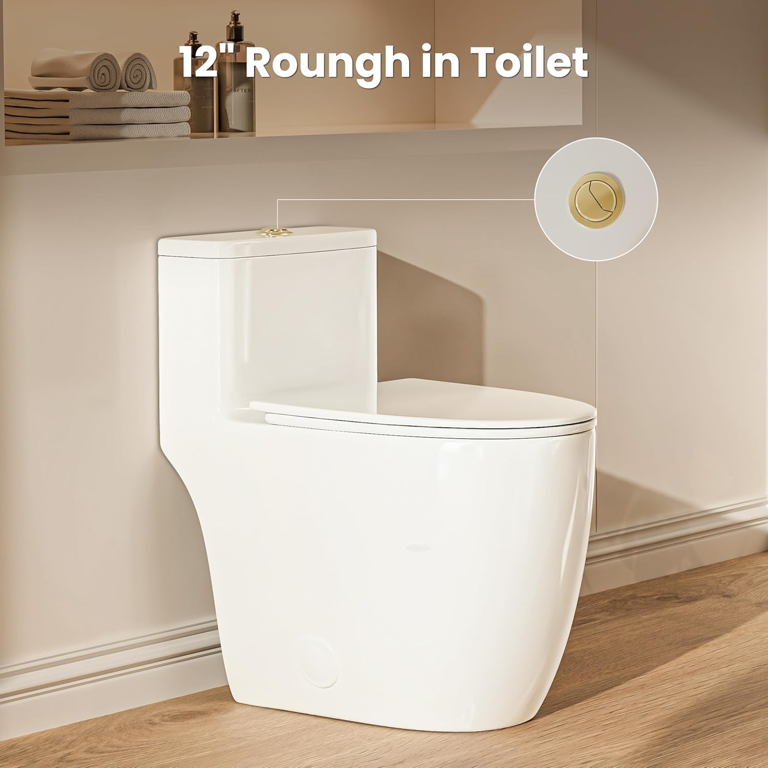 Casta Diva Elongated One Piece Toilet with 17.5" Comfort Chair Height Seat Modern Toilets for Bathroom, High Efficiency Dual Flush 1.0/1.28 GPF & MAP 1000g, 12'' Rough-in, Golden Flush Button thumbnail