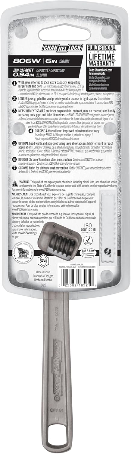 Channellock Adjustable Wrench 806W - Wide Jaw, Chrome Finish - 6 In