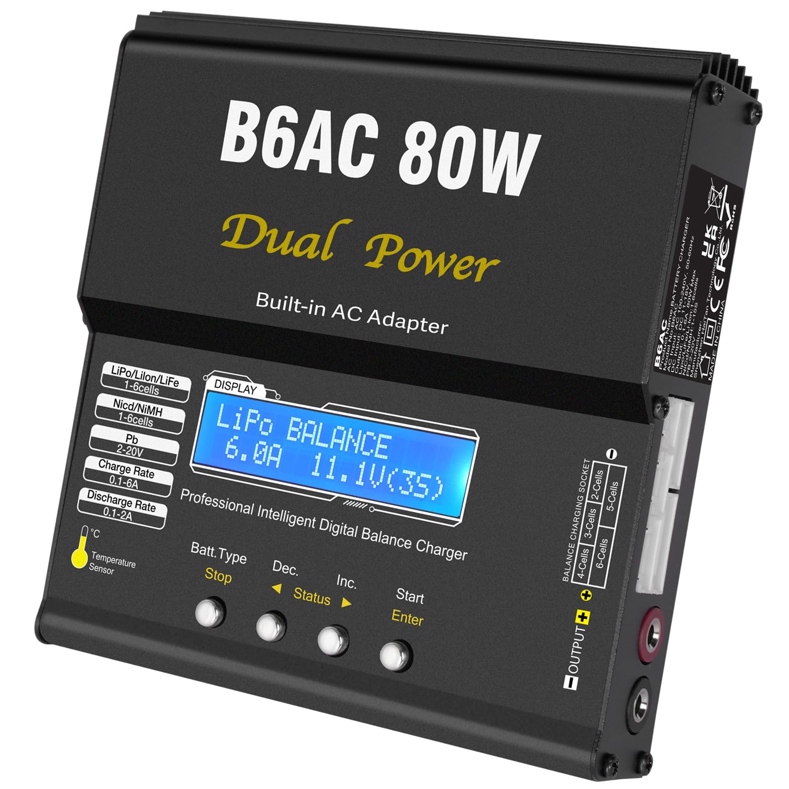 HTRC B6AC 6A LiPo Ladegerät Balancer 80W RC Akku Ladegerät für LiPo/Li-Ion/LiFe (1-6S), NiMH/NiCd (1-15S), PB (2-20V), LED-Display, 5 Speicherprofile, Metallgehäuse, XT60/T-Stecker/Tamiya/Krokoklemmen