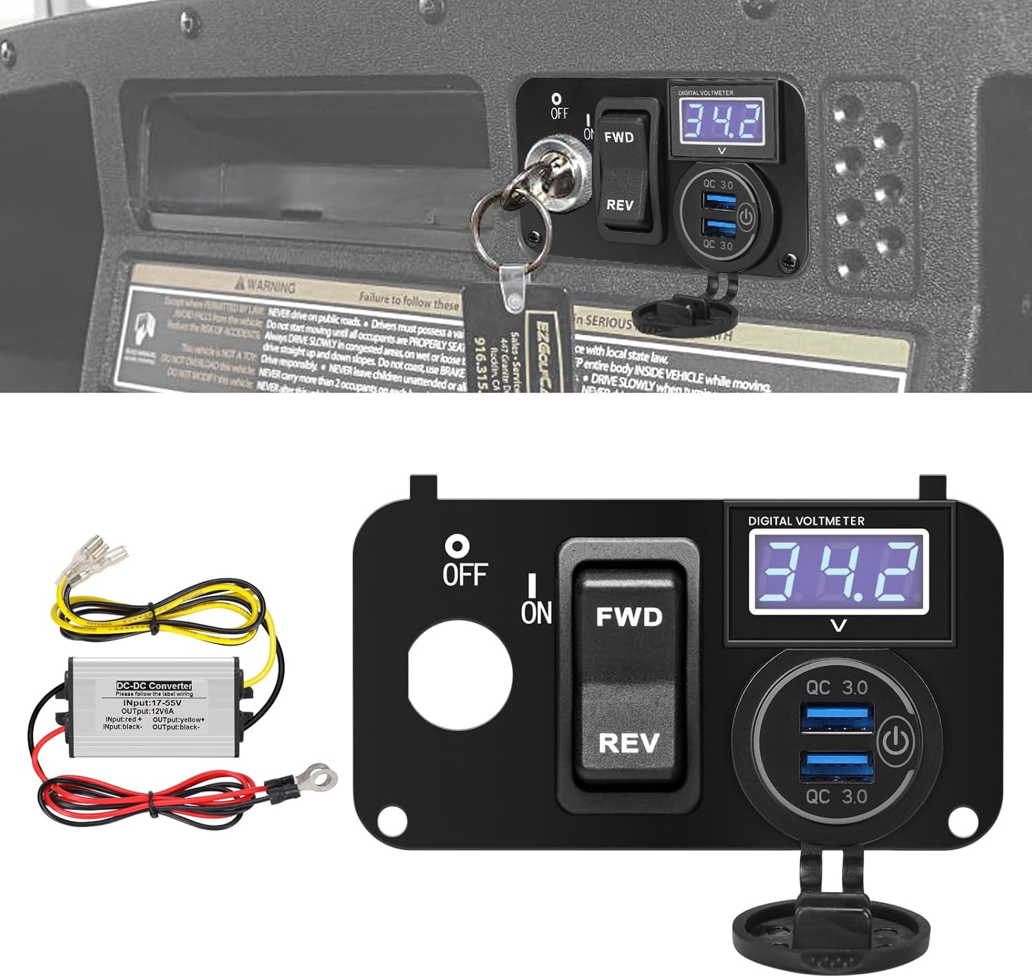 briidea 3 in 1 Multifunctional Integrated Panel with DC 17V-55V Dual QC3.0 USB Fast Charger Socket, LED Wide Range Voltmeter & Forward Reverse Switch, Compatible with EZGO TXT, PDS & Medalist