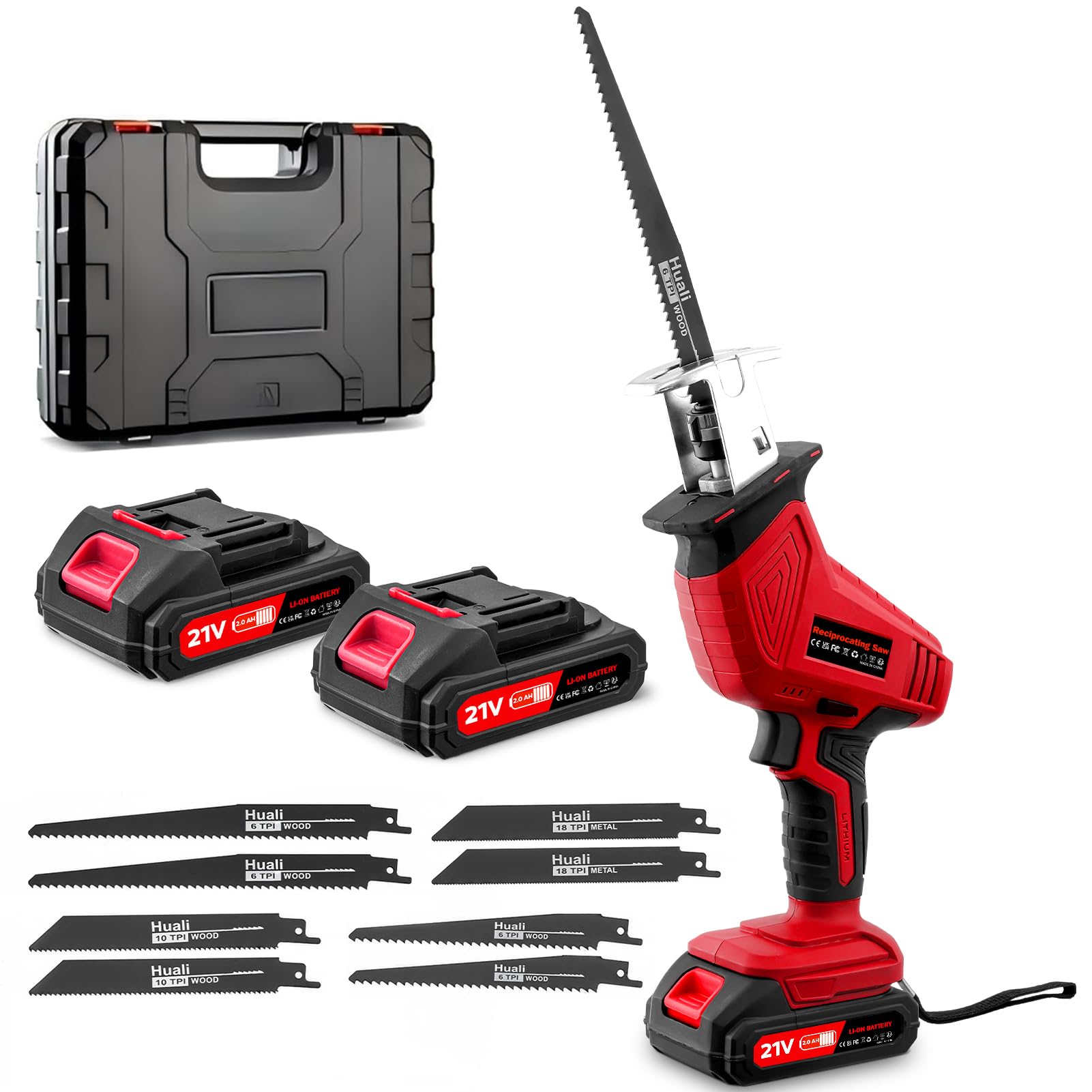 Sega a Gattuccio, Seghetto Elettrico a velocità Variabile da 0-4000 U/min, Sega Elettrica per Legno a Batteria da 21V, Seghetto Alternativo per Metalli, PVC con 2 Batterie e 8 Lame