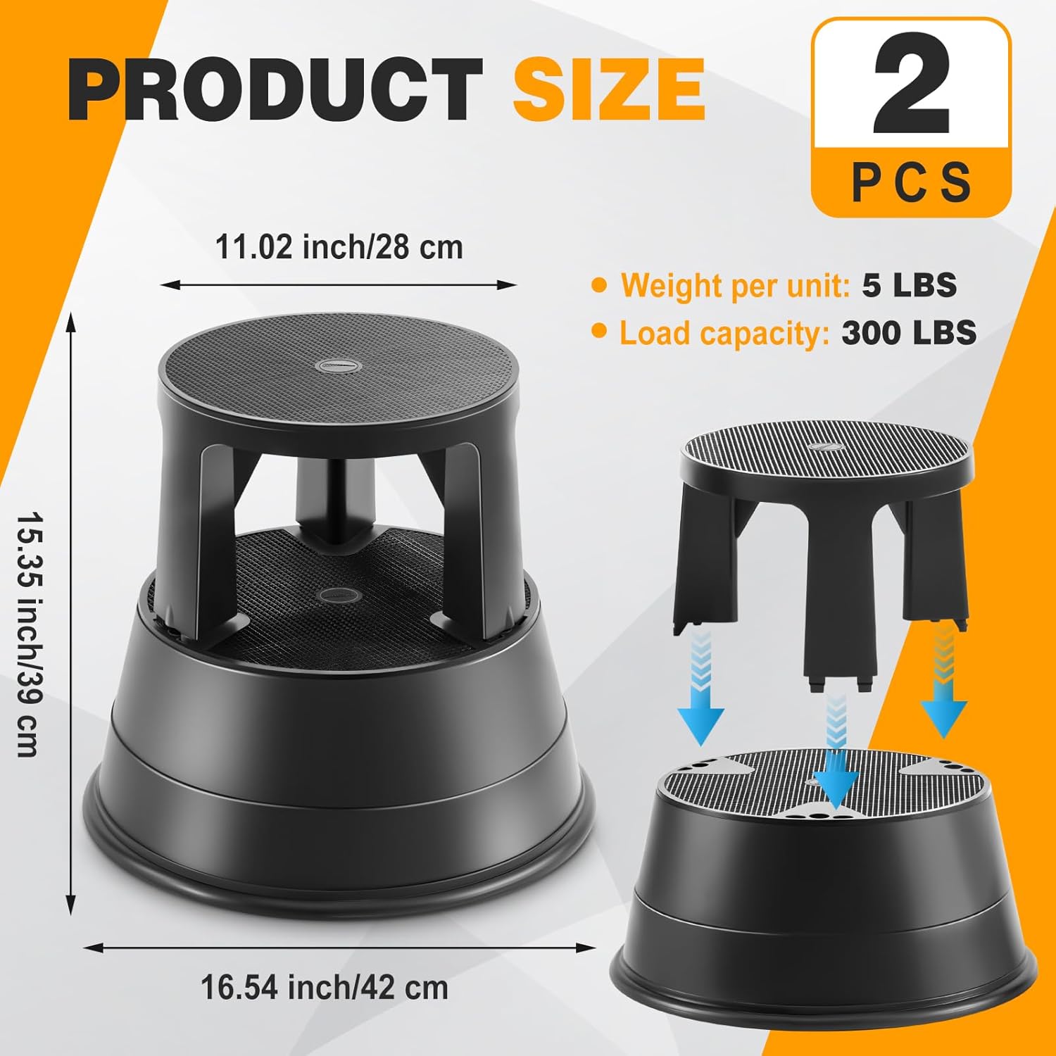 2 Pack Rolling Step Stool with Wheels Non-Slip Platform Retractable Portable Stool Max Load 330 Lbs for Kitchen Home Bathroom Office Library Garage