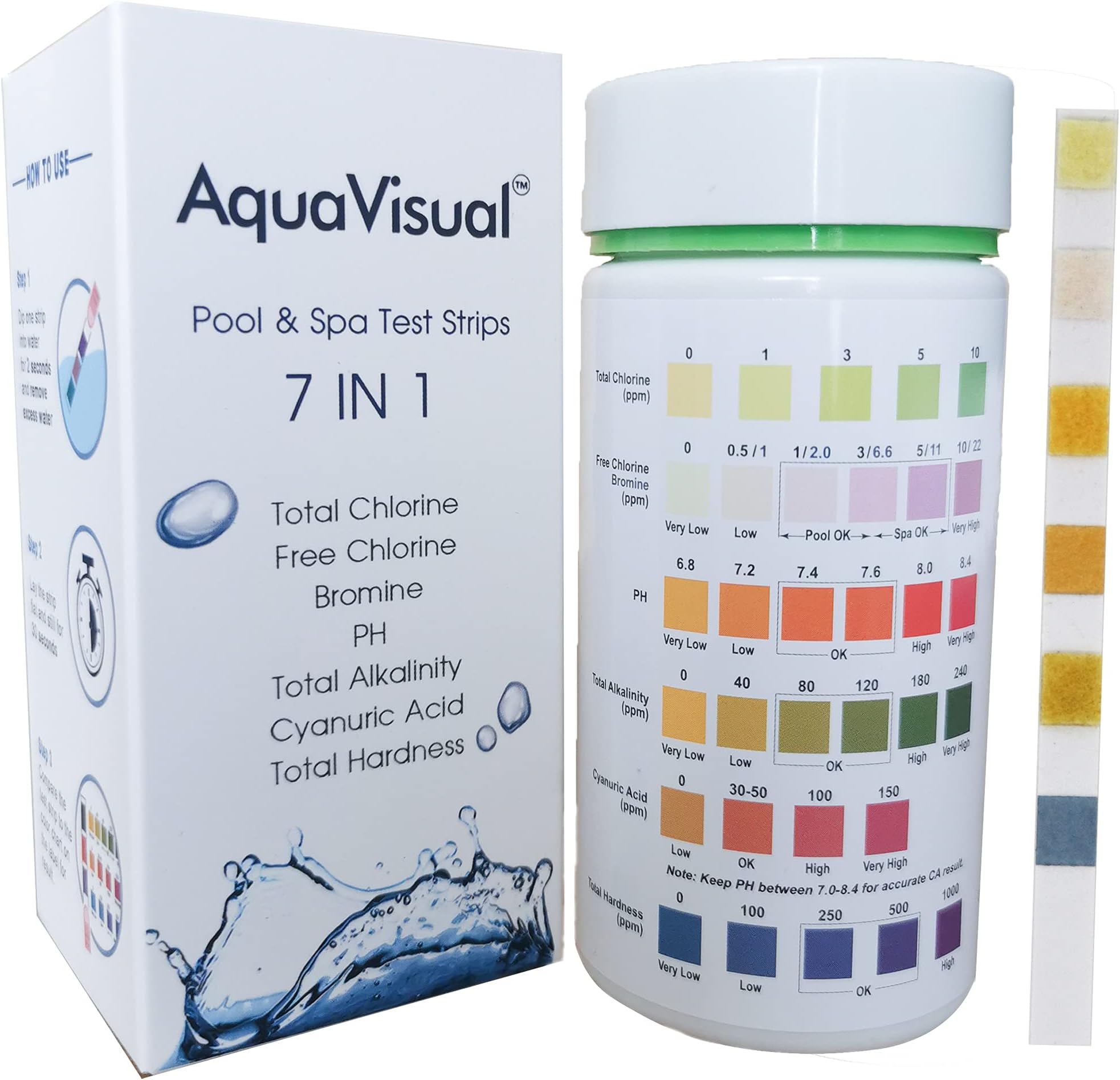 Aquavisual 7 Way Pool and SPA Test Strips for Pool and Hot Tub Chemicals, Water Test Kit for Total Hardness, Total Chlorine, Free Chlorine, Bromine, PH, Total Alkalinity, Cyanuric Acid 100 Counts