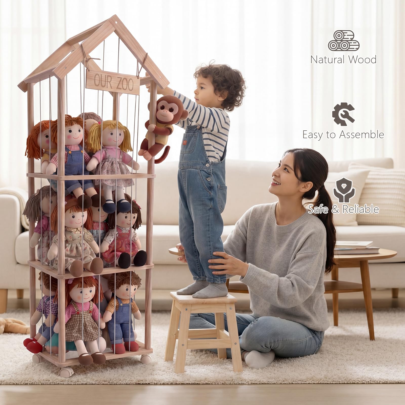 360° Drehbar Kuscheltier Aufbewahrung - Robuste Stofftier Aufbewahrung - Holz Kuscheltier Organizer - Stuffed Animal Storage für Spielzimmer Kinderzimmer Schlafzimmer Wohnzimmer 42x32x143 cm
