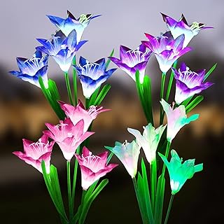 Solar Lights Outdoor Garden, 4 Pack Solar Garden Lights with 16 Bigger Lily Solar Flowers, 7-Color Changing Solar Pathway Lights, Waterproof Solar Garden Decor Lights for Patio Yard Lawn Pathway