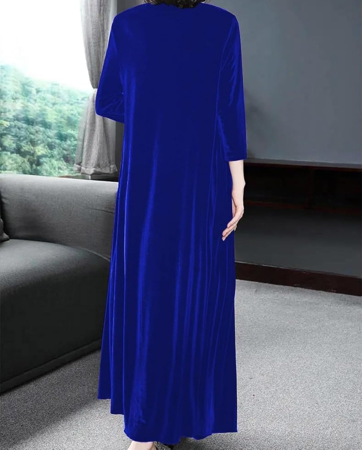 Velvet Long Sleeve Maxi Dress for Women Fall Wedding Guest Cocktail Dresses Loose Fit Crew Neck Flowy Plus Size - Image 3