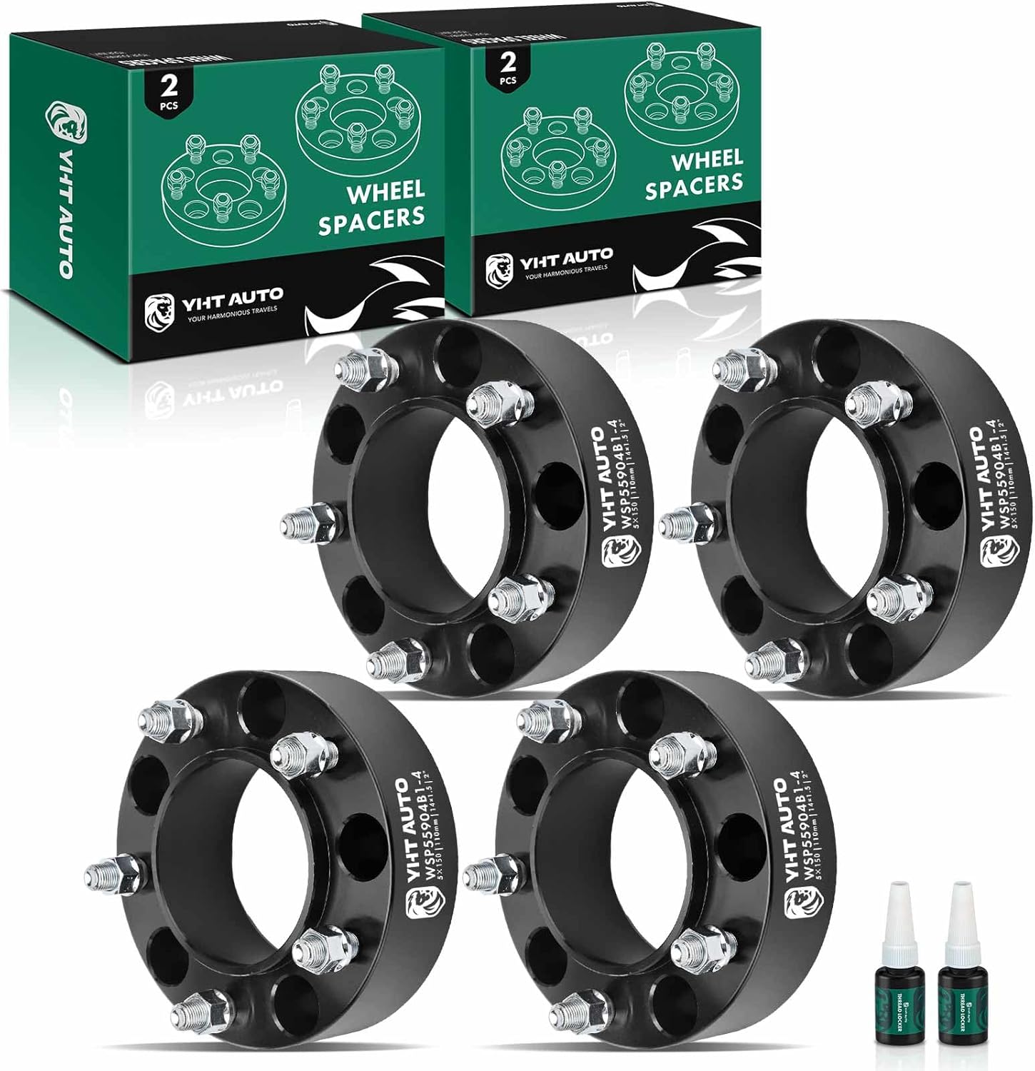 YHTAUTO 5x150mm Hub Centric Wheel Spacers 2 Inch Compatible with Toyota Tundra, Sequoia, Land Cruiser, Lexus LX470 Models Tire Spacers w/ M14x1.5 Studs 110mm Hub Bore 5 Lug 4PCS Black