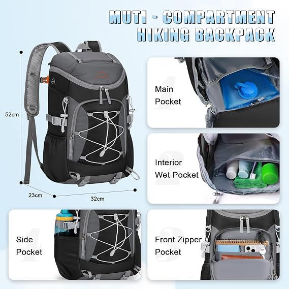 RAINSMORE Hiking Backpack 40L Foldable Lightweight Rucksack for Men with Ventilated Back Panel Water Resistant Travel Backpack Daypack for Walking Camping Trekking Cycling Outdoor Black
