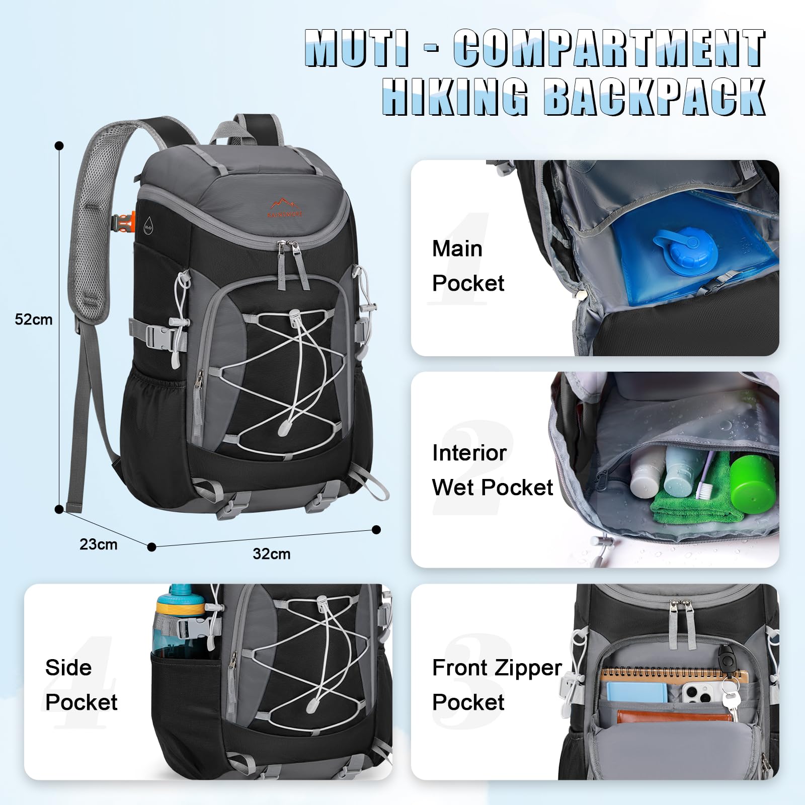 RAINSMORE Plecak turystyczny 40 l, składany, lekki plecak dla mężczyzn z wentylowanym panelem tylnym, wodoodporny plecak podróżny, plecak na spacery, kemping, trekking, jazdę na rowerze na świeżym