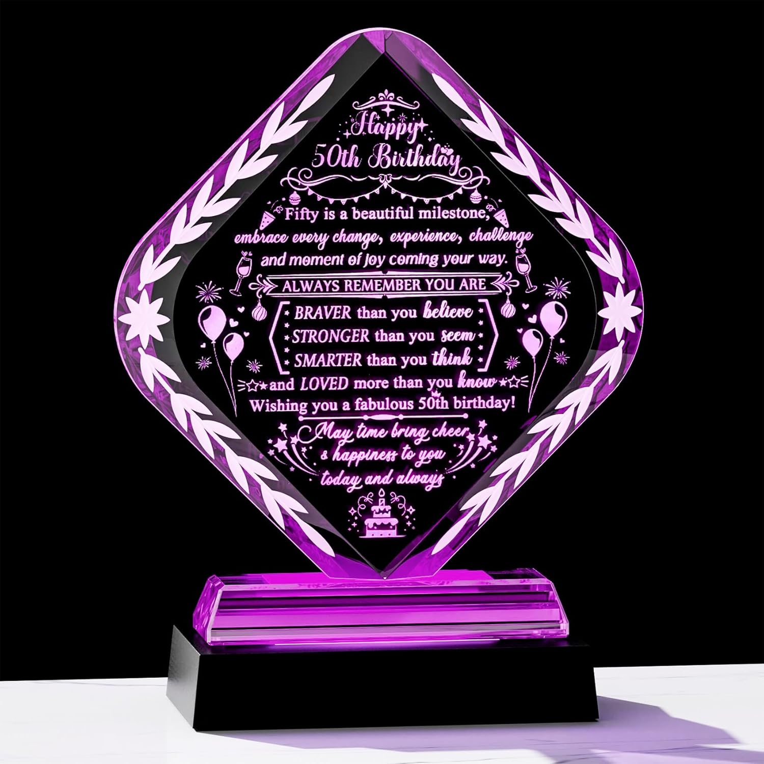 Glass Happy 50th Birthday Plaque Gifts for Women, Men with LED Light Base - 50 Year Old Birthday Gift for Her Him, Turning 50 Keepsakes for Mom Dad Unique Decoration