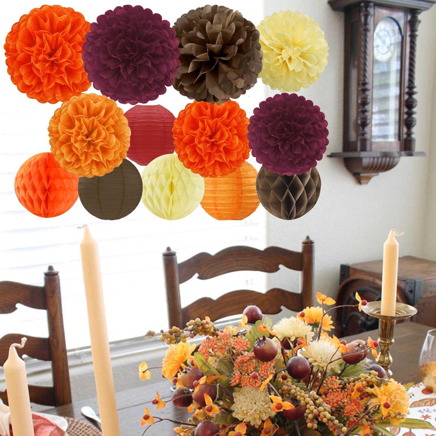 Burgundy Orange Brown Party Decorations 15pcs Fall Boho Paper Flowers Lanterns Tissue Pom Poms Honeycomb Autumn Thanksgiving Birthday Baby Bridal Shower Wedding Rustic Hanging Supplies Mprocherify