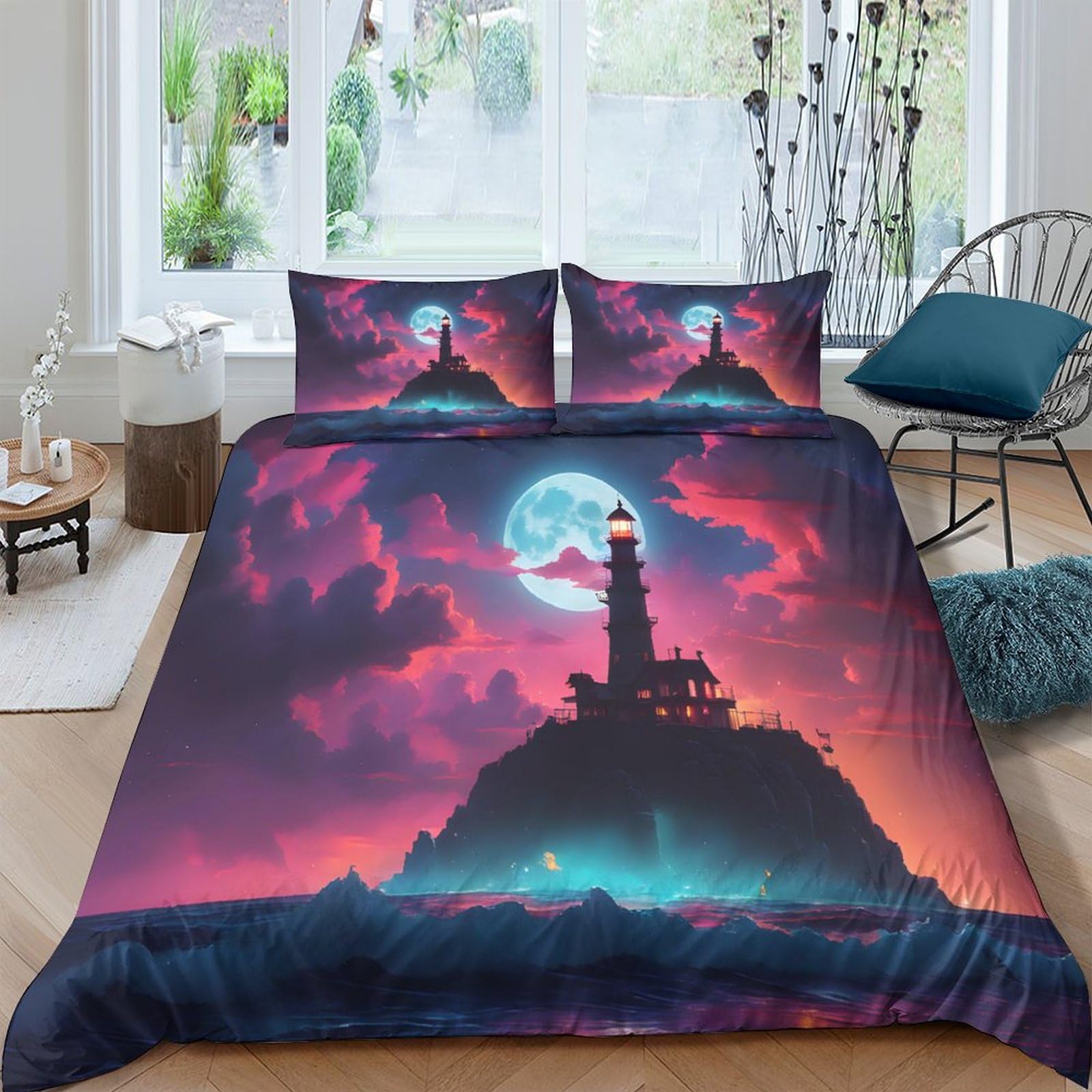 Housse de couette lune 3D anti-plis parure de lit double microfibre zippée facile à laver