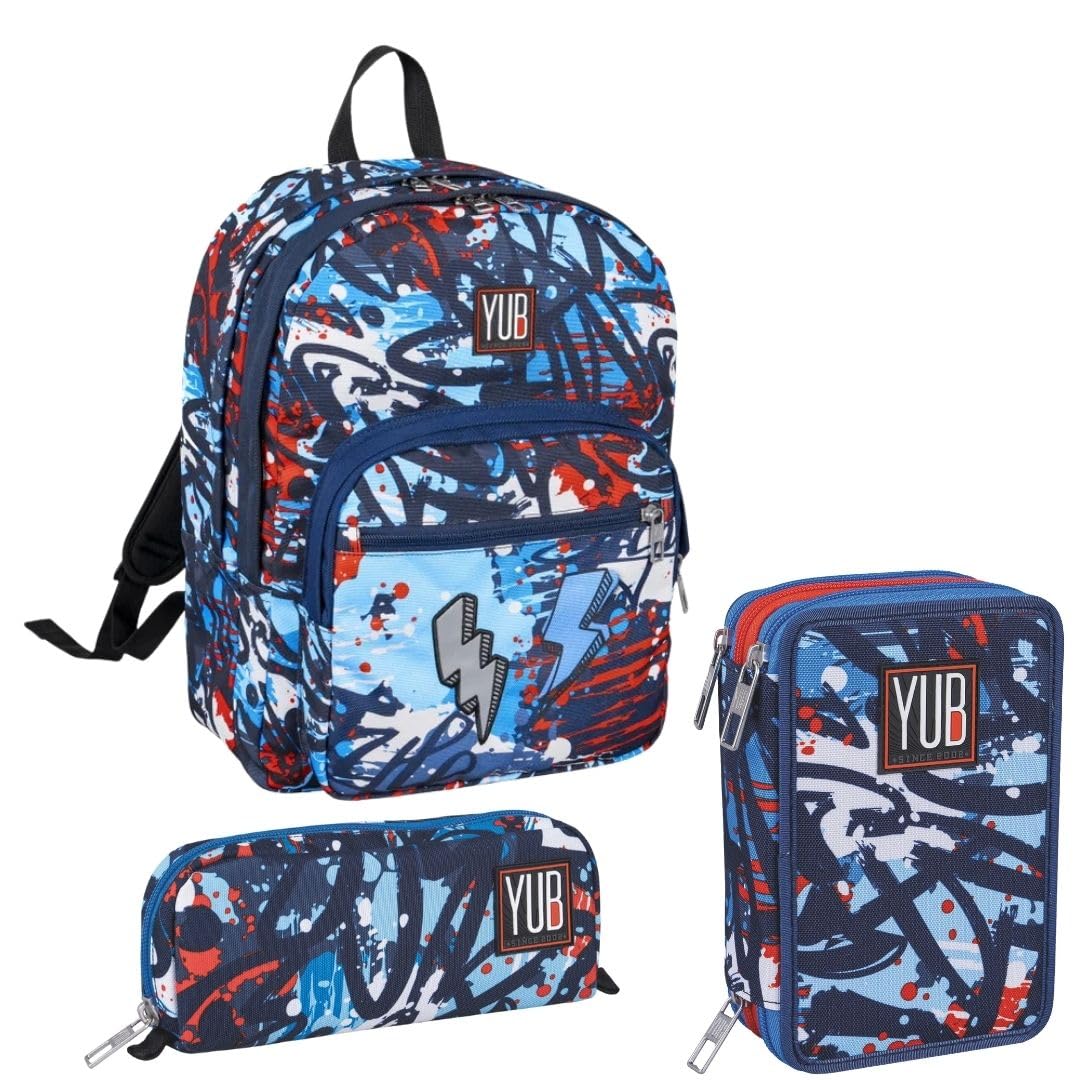 Seven Set Scuola Boy, Zaino Doppio Scomparto con Astuccio 3 Zip e bustina, Streetdoodles