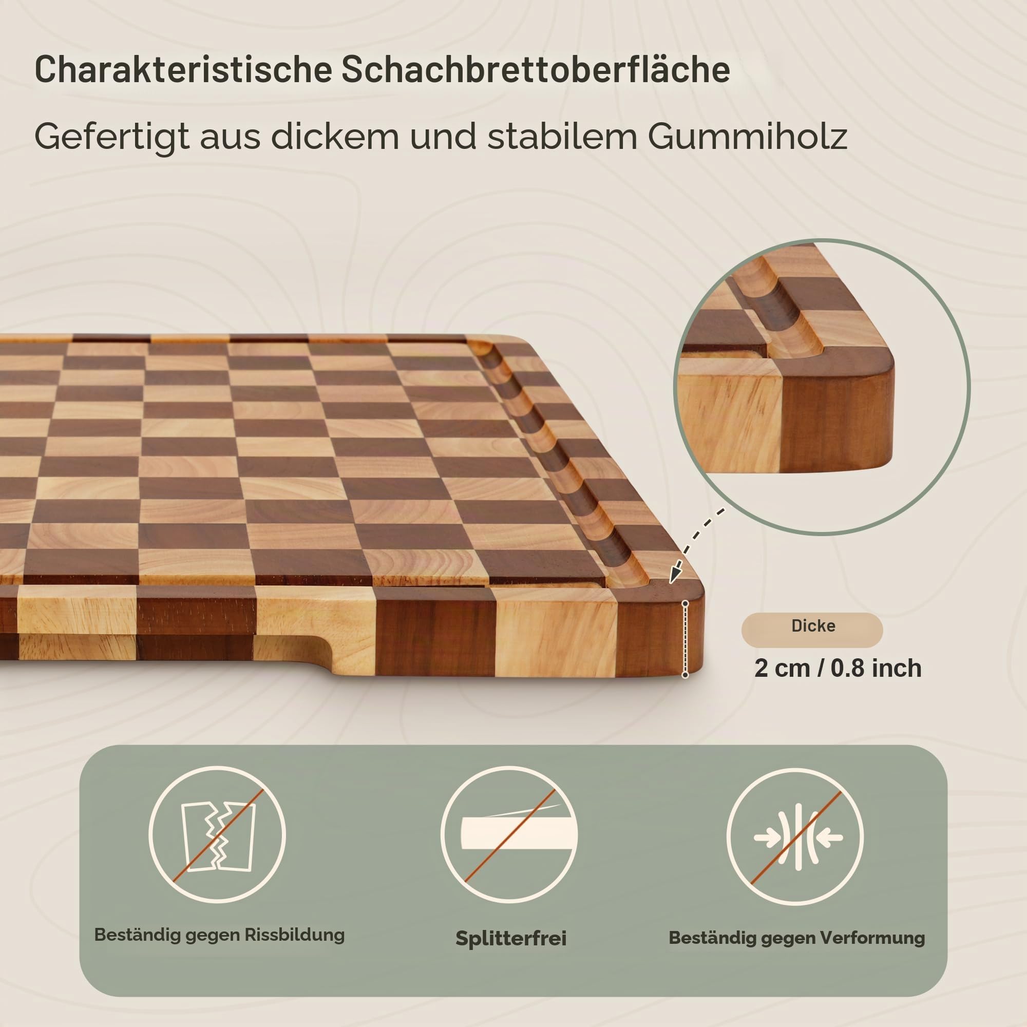 Schneidebrett aus Gummibaumholz, 3-teiliges Kariertes Küchenbrett-Set mit Ständer, Saftrinne und Griff für Fleisch, Gemüse und Käse
