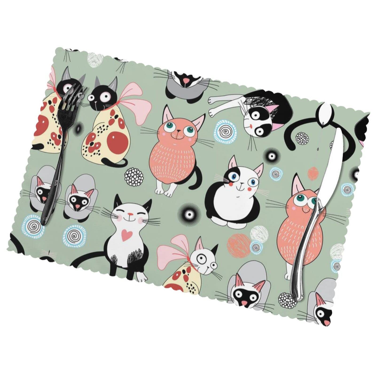 Lovely Cartoon Cats Print Premium Oil And Heat Resistant Placemats For Dining Table Set (6-Pack) - 12x18in