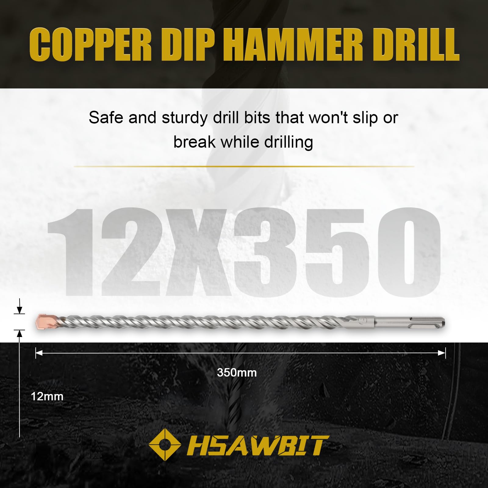 HSAWBIT 12mm x 350mm LONG SDS MASONRY DRILL BIT, TUNGSTEN CARBIDE TIP SDS PLUS SHANK, FOR WALL STONE CONCRETE BRICK - Image 2