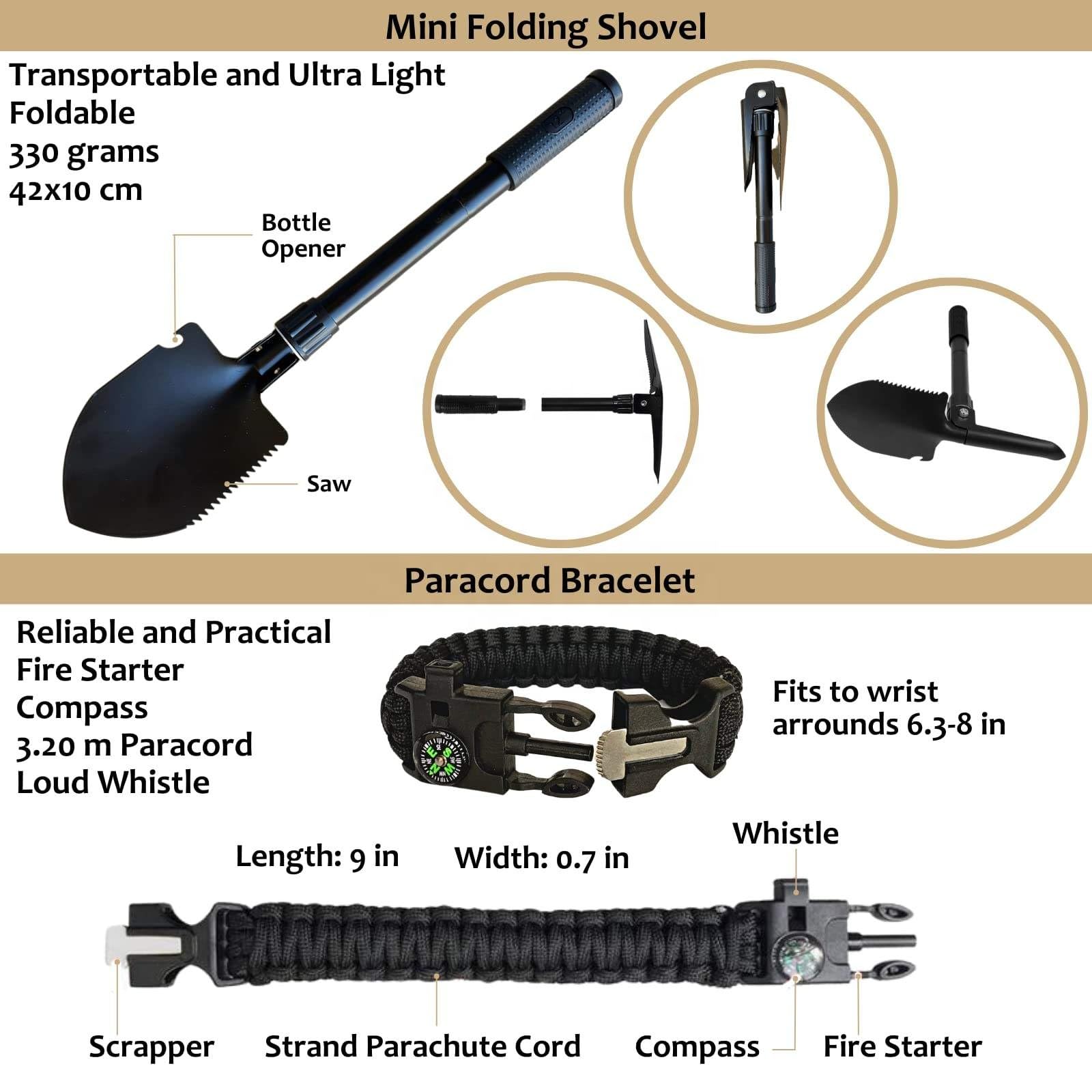 Survival Pro Outdoor Notfallausrüstung Set, Taktischer Rucksack mit Erste-Hilfe-Kit, Paracord, Angelset, Multitool-Karte, Faltbare Schaufel, Khaki, 262-teilig