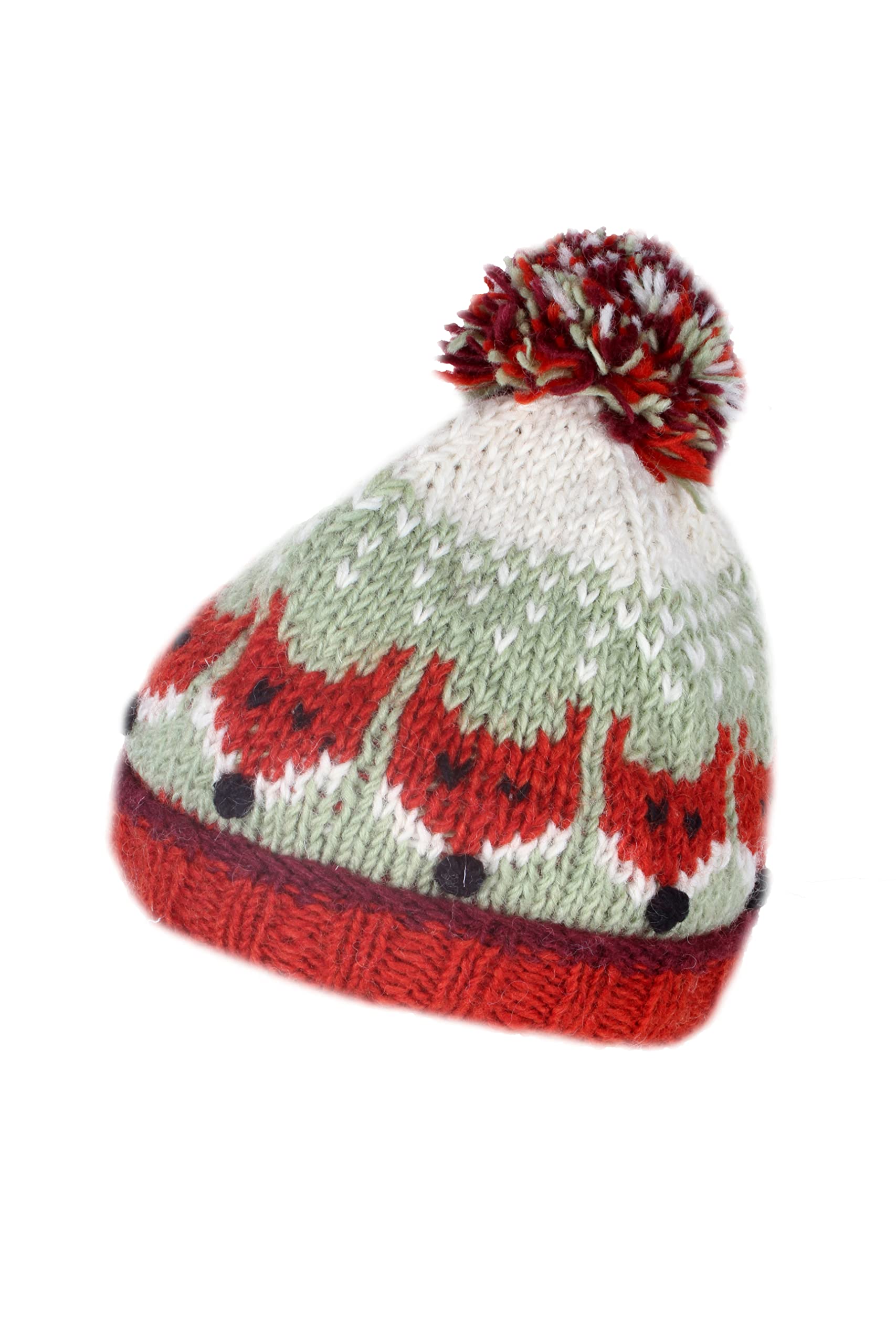 Pachamama Children Wool Bobble Beanie Hat Sherpa Fleece Lined Handknitted Fox Multicoloured One-Size Age 3-8 Extra Warm Fair Trade