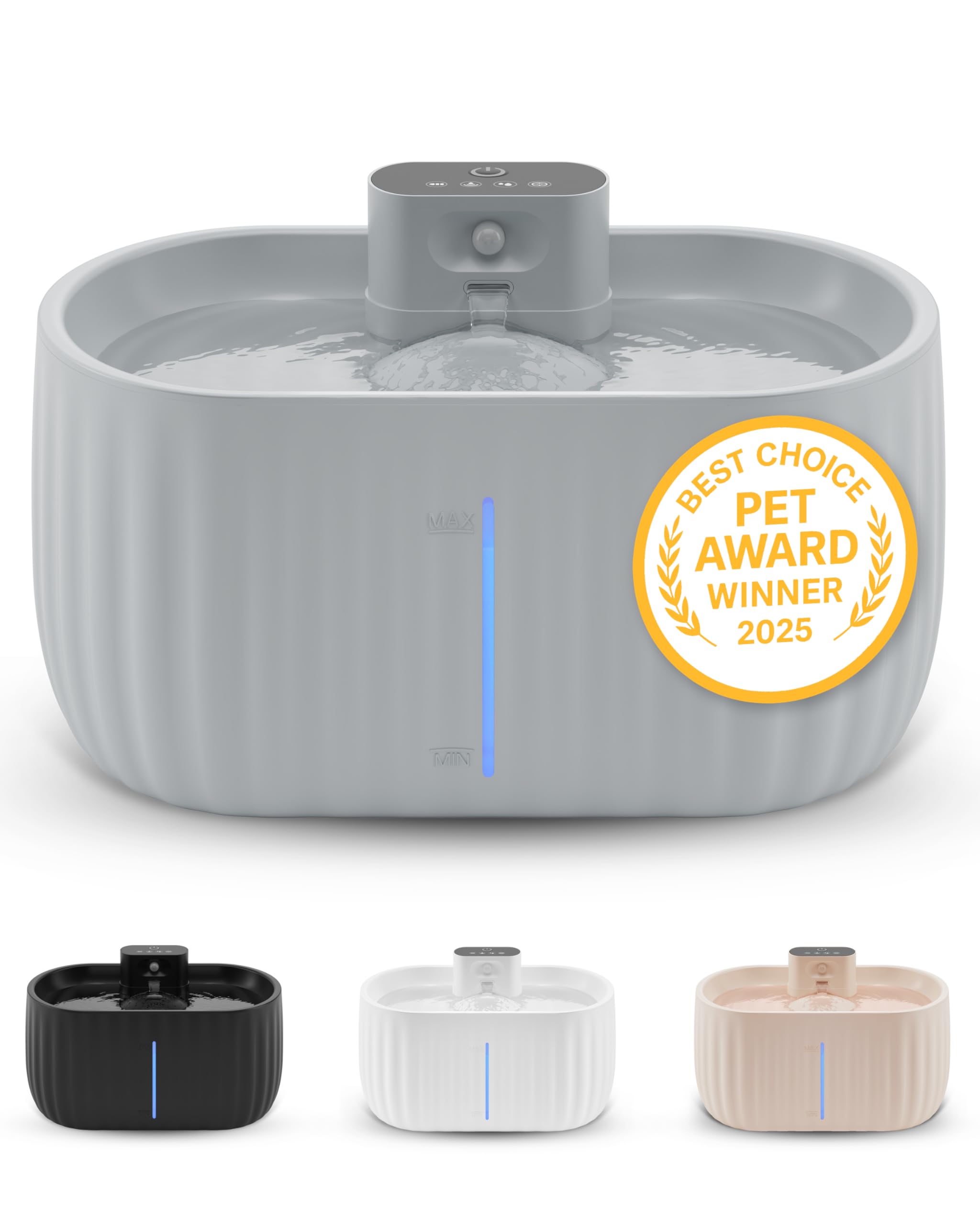 Pretty Paw Wireless Cat Fountain with Motion Sensor, 3 L Rechargeable Battery Operated Cat Drinker, Quiet Flow for Indoor – AquaSense Pro (Grey)