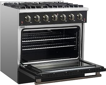 FORNO Galiano Full Gas 36 Freestanding Range with 6 Sealed Burners Cooktop and Antique Brass Design - 5.36 cu. ft. Convection Oven Capacity & Heavy Duty Cast Iron Grates - Black