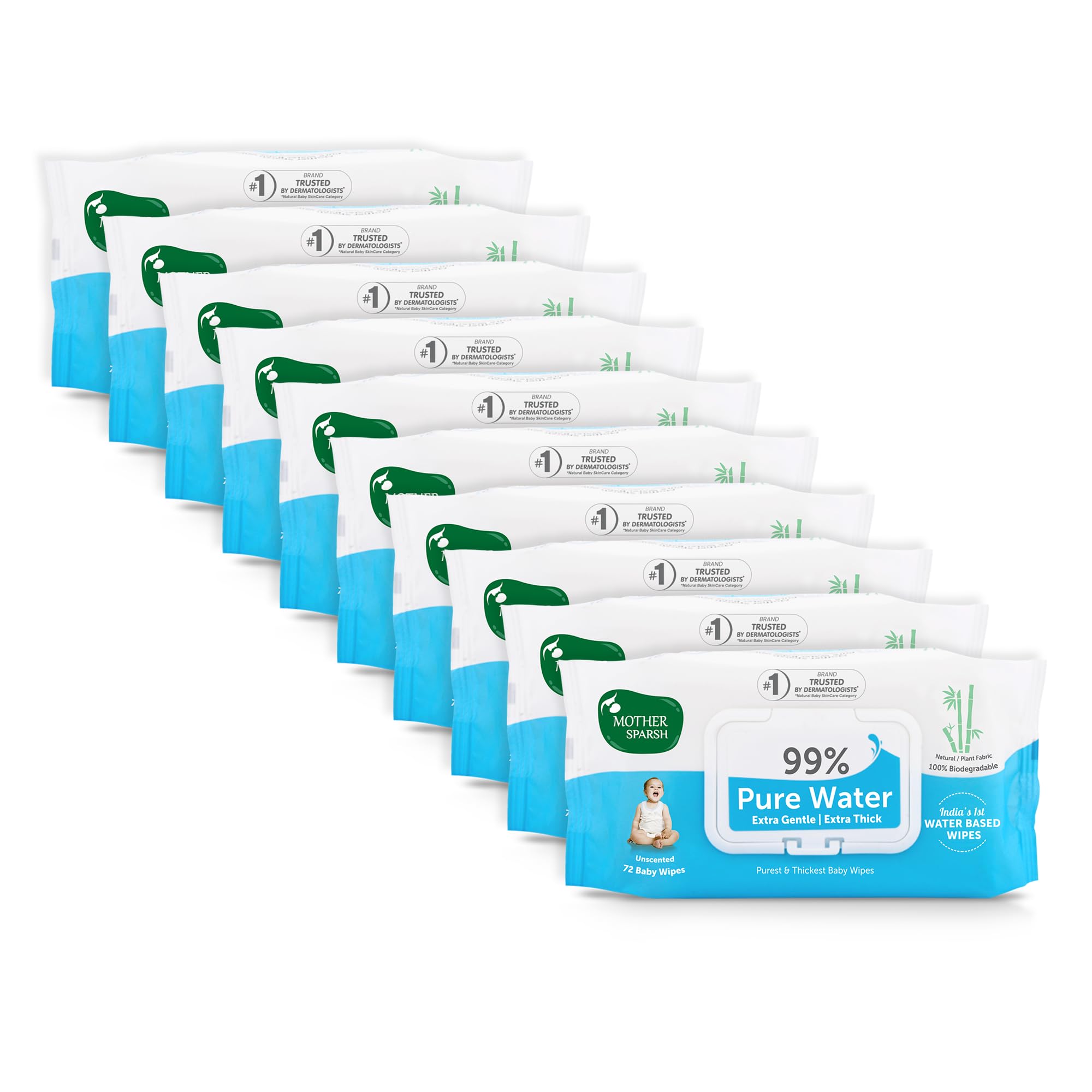 Mother Sparsh 99% Pure Water (Unscented) Baby Wipes I Natural Plant Made Fabric - Super Thick I 72 pcs/Pack - Pack of 10
