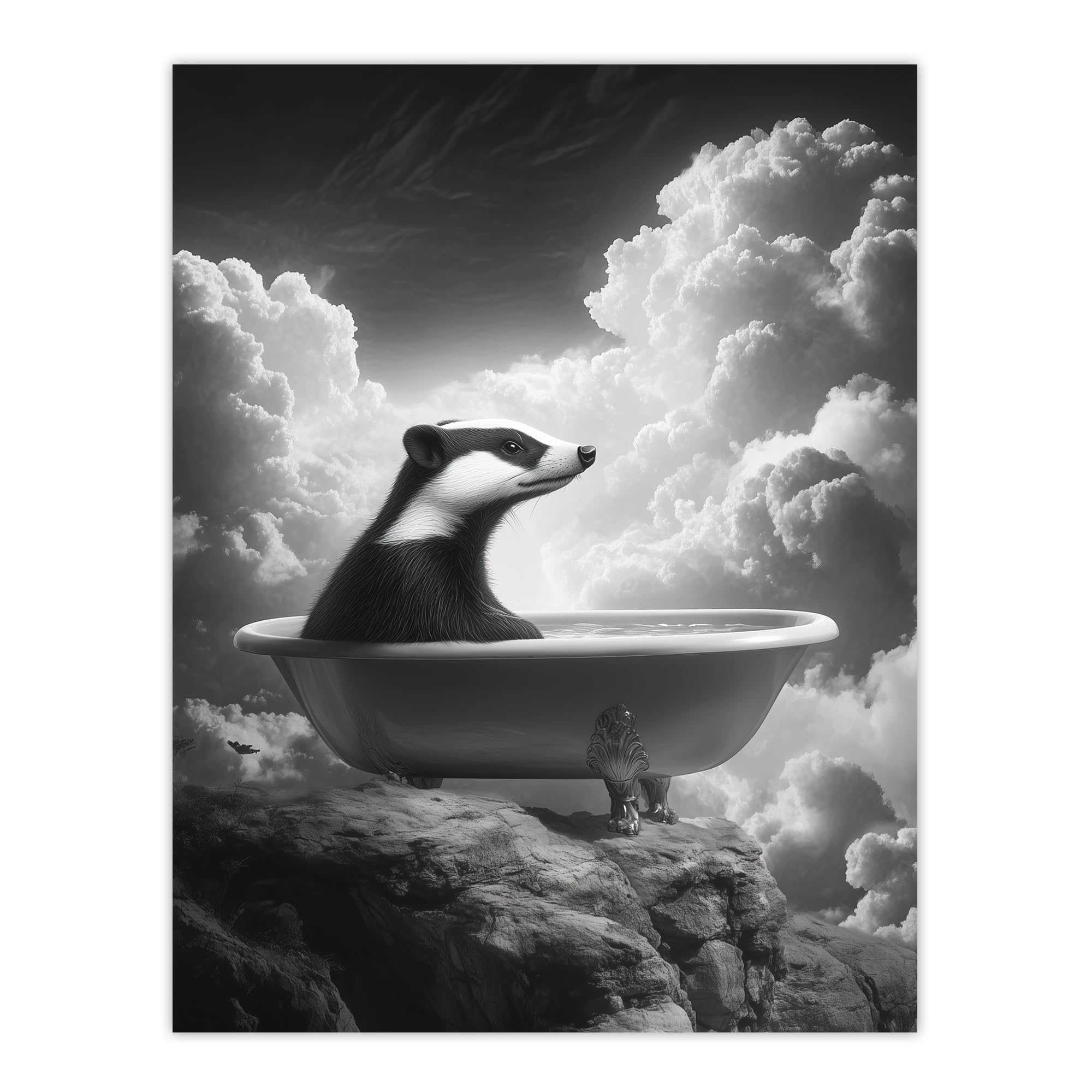 Artery8 Badger in Bathtub on a Mountain Cliff Black White Bathroom Toilet Extra Large XL Wall Art Poster Print