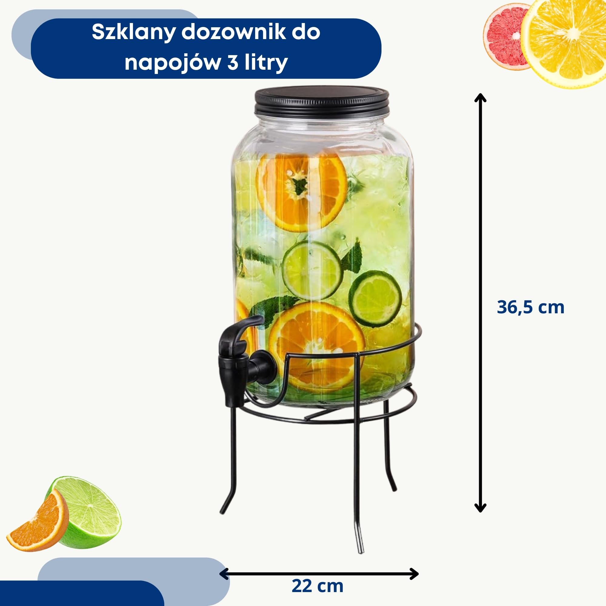 Szklany dzbanek dozownik napojów | szklany dozownik z kranem i uchwytem, czarny, 3 l