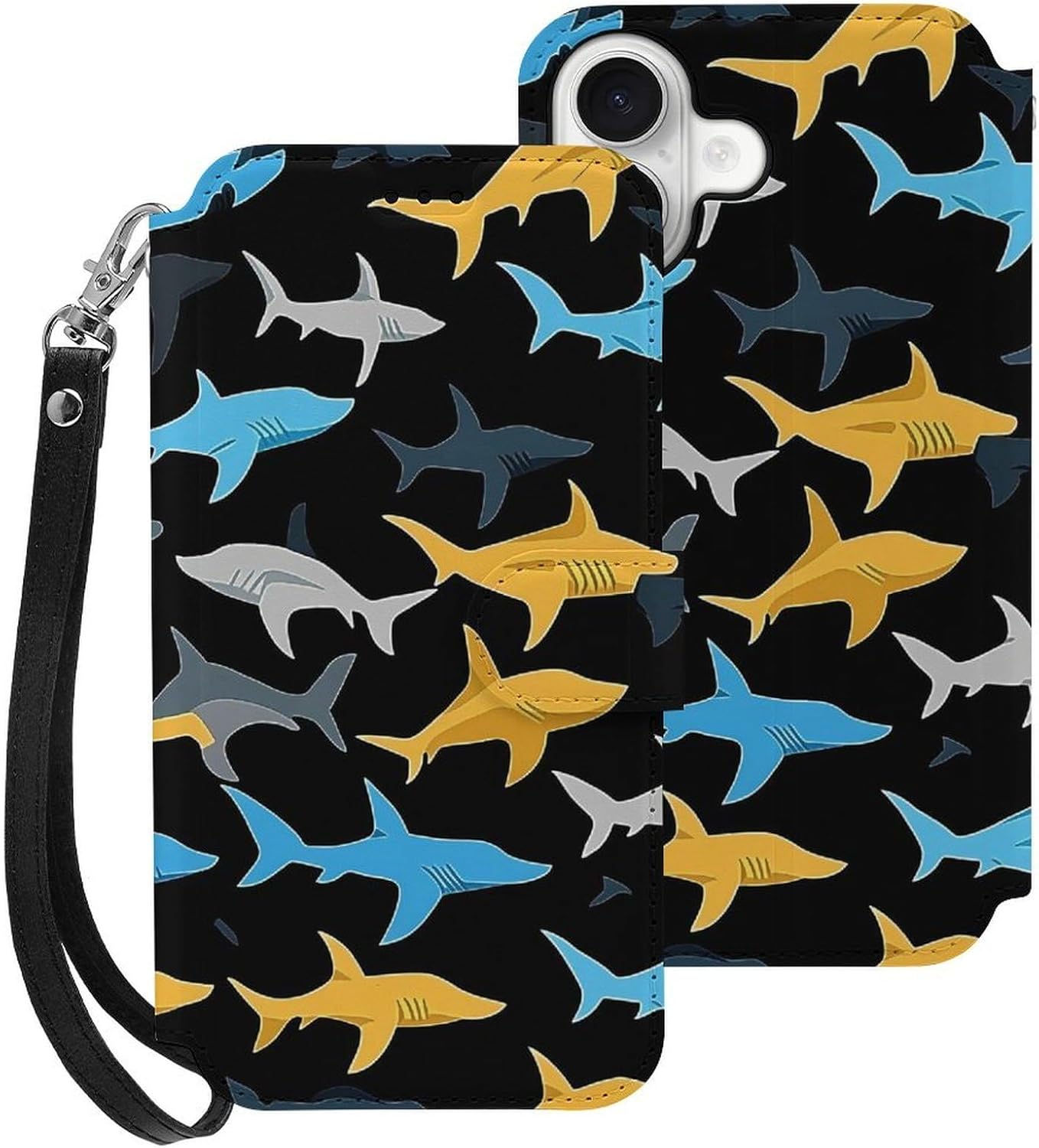 Colorful Sharks Compatible with iPhone 16/16 Plus/16 Pro/16 Pro Max/16 E Case Phone Wallet Card Holder Flip Cover with Wrist Strap
