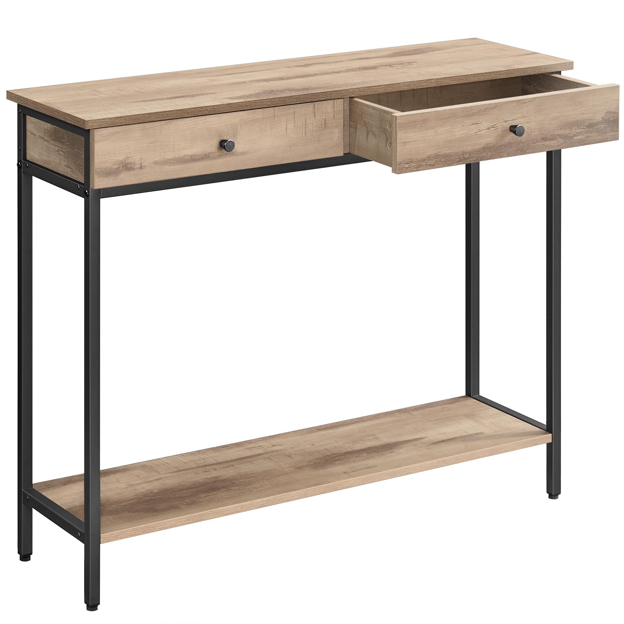 VASAGLE Table Console, Table d'Entrée, Bout de Canapé, avec 2 Tiroirs, Cadre en Acier, pour Entrée, Chambre, Salon, Style Industriel, Marron Camel et Noir d'encre LNT015W01