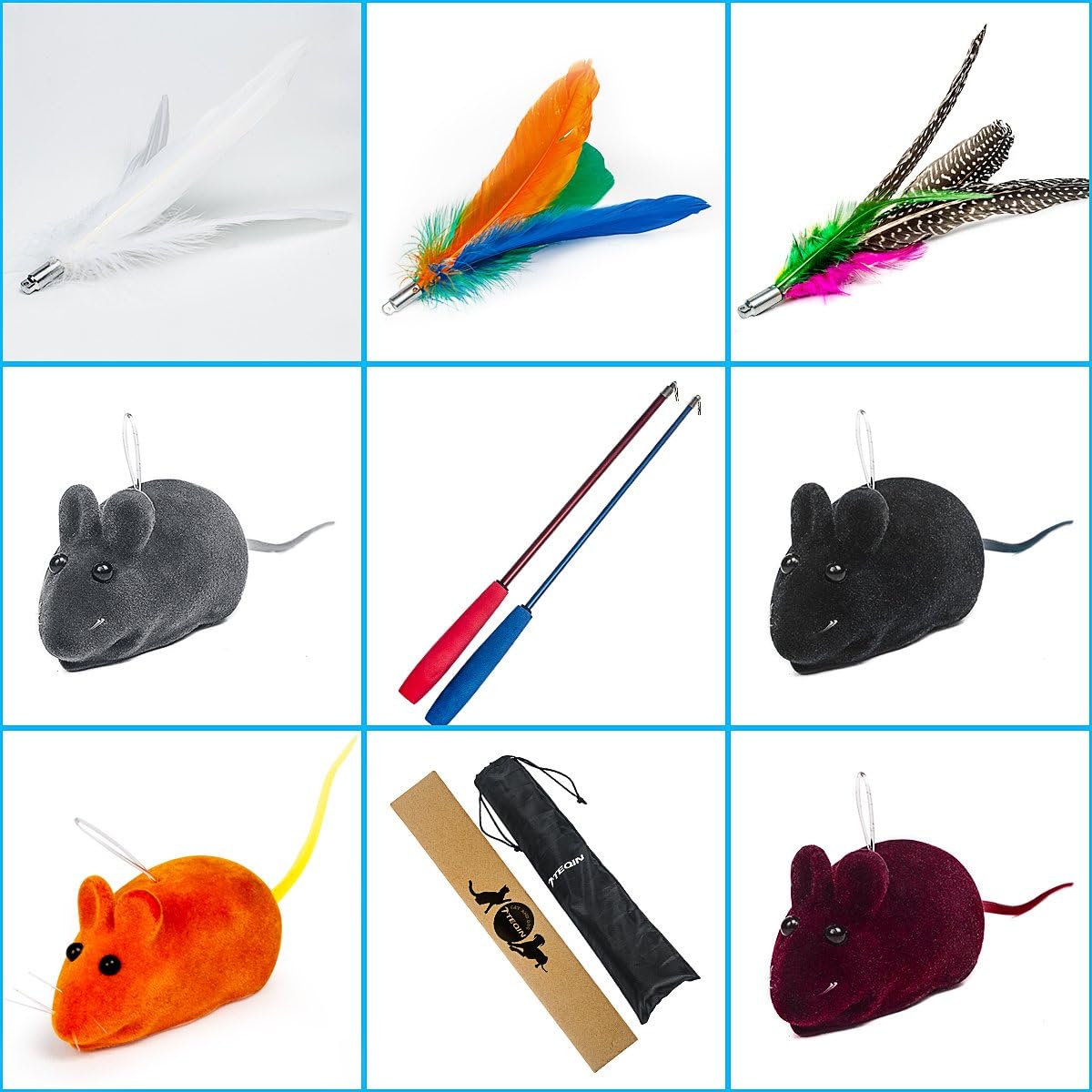 11in1 Cat Feather Teaser Toys Retractable Wand Poles with Catnip Fun Toys for Cat Kittens