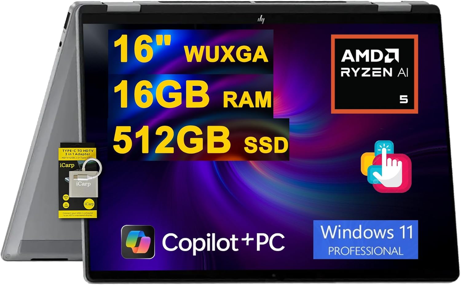 HP OmniBook X Flip 2-in-1 Laptop 16" WUXGA IPS Touch (400nits) AMD 6-core Ryzen AI 5 340 (Up to 50 Tops) 16GB DDR5 512GB SSD for Designer Business Professional Work Win11Pro ICP Hub