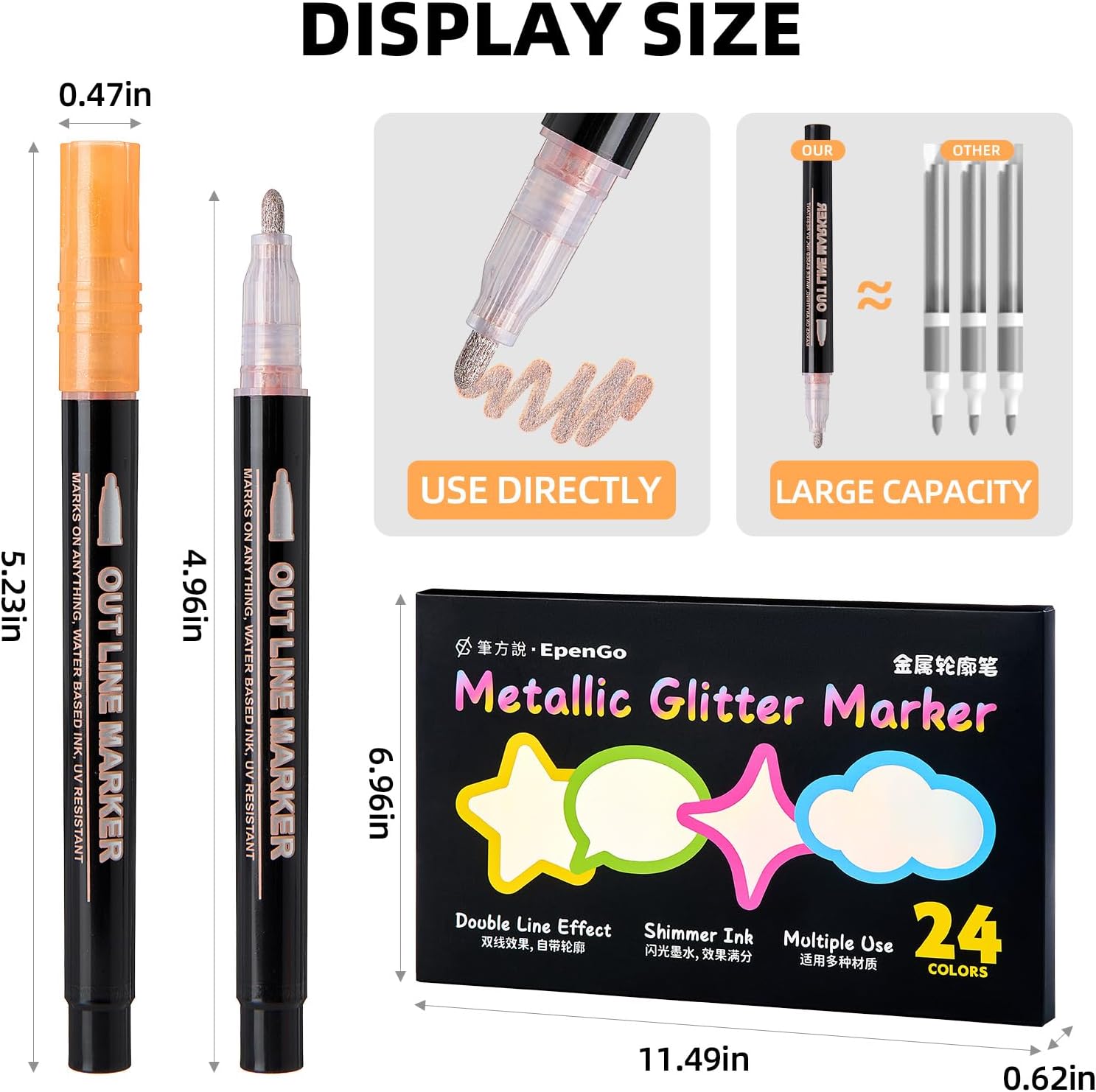 24 Colors Outline Markers, DIY Double Line Metallic for Artists | Self-outline shimmer markers with silver glitter effect, ideal for greeting card making, DIY crafting and art supplies