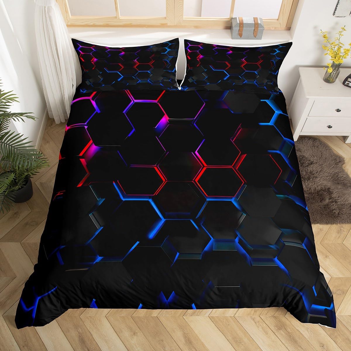 Modern Geometric Honeycomb Duvet Cover Double Size, 3D Hexagonal Black Bedding Set for Kids Boys Teens, Abstract Gradient Red and Blue Quilt Cover Fashion Trend Bed Set