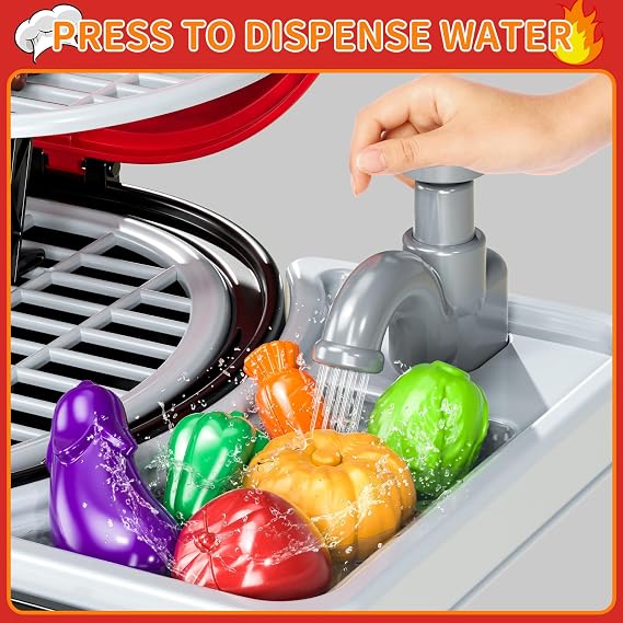 Play Kitchen Sets for Toddlers Kids 2-Layer BBQ Grill Playset with Smoke, Sound & Light Interactive Outdoor Kitchen Grill Toys with Play Food Christmas Birthday Gift for 3 4 5 6 Years Old