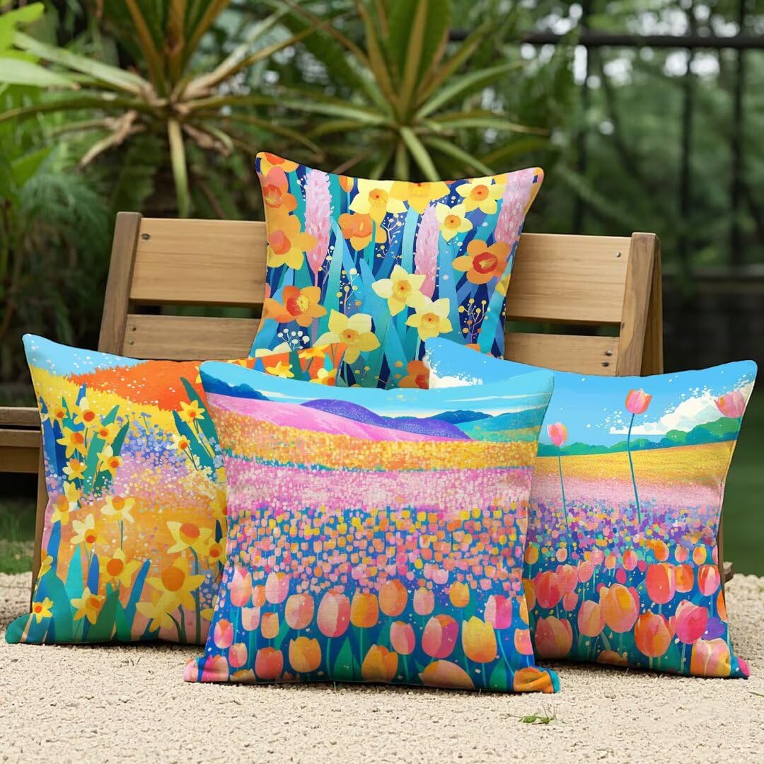 Fundas de Cojines Exterior Impermeable de Lino Fundas de Almohada Sofa Amarillo, Juego de 4 Cuadrados Funda Cojin Rosa Decorativas para Jardín, Patio, Oficina, Terraza y Sala de Estar, 45x45 cm Ym252