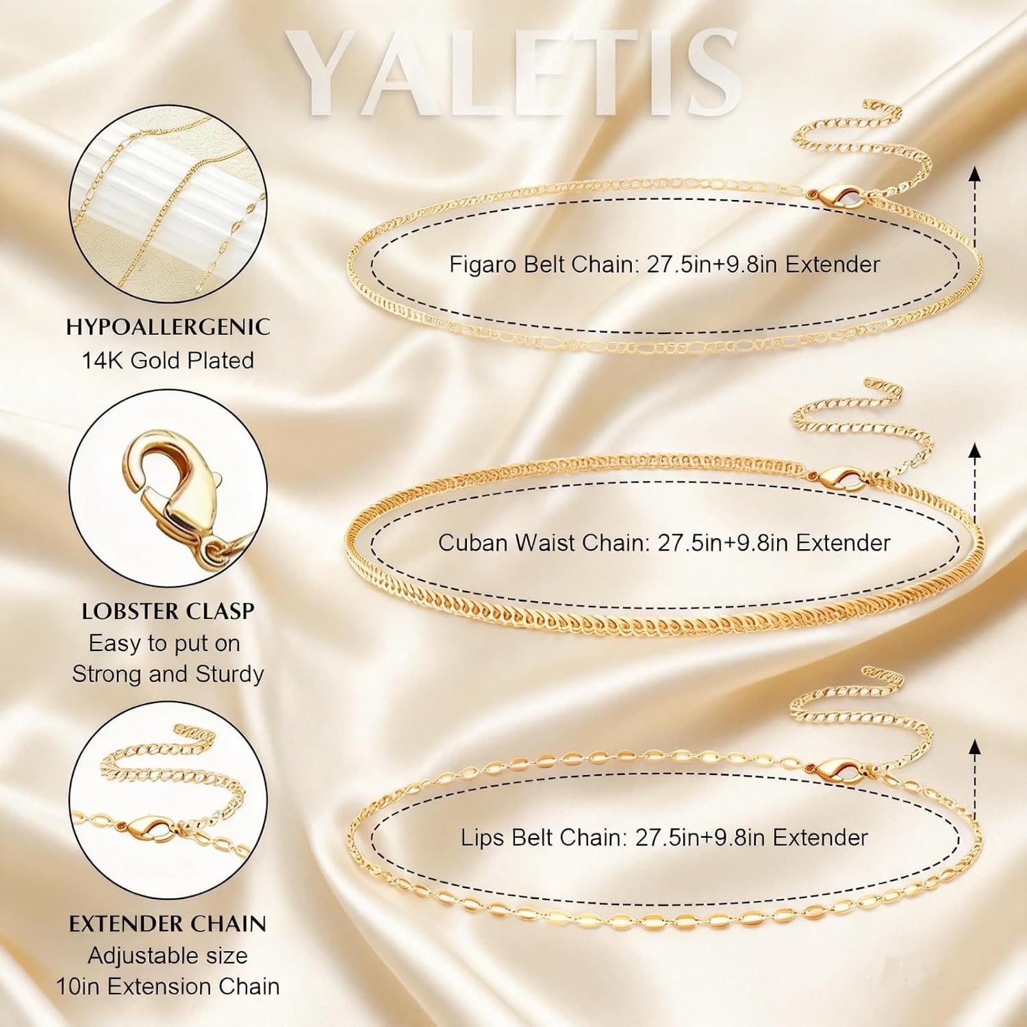 14K Gold Plated 3-Layer Belly Chain, 27.5"-37.3" Adjustable Waist | Fits up to plus size, versatile for bikini layering, storage brand gift pouch included