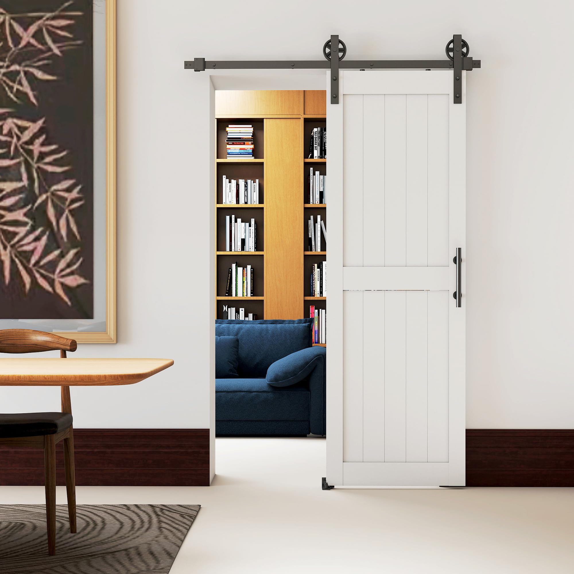 HOMCOM Puerta Corredera de Granero con Herrajes 71,5x213,4 cm Puerta Corredera de Interior con Manija Rodillo y Guía de Suelo Mejorados para Baño Salón Sala de Estar Blanco