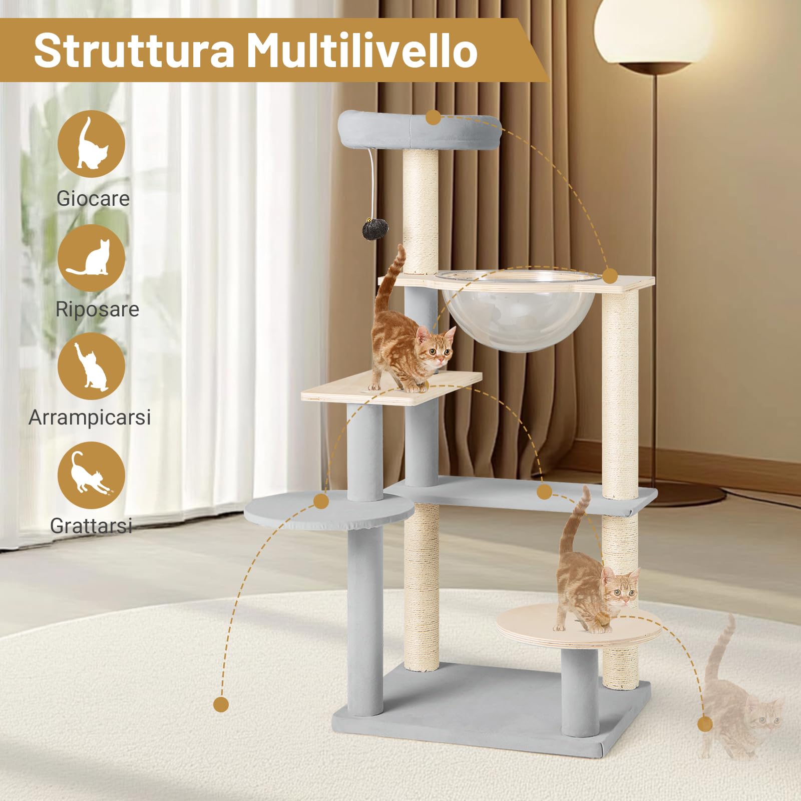 GYMAX Albero per Gatti, 50 x 40 x 113 cm, Piattaforme per Salti, Posatoio Superiore, Capsula Spaziale, Torre con Tiragraffi, Giocattolo Sospeso con Campanella per Gatti Adulti e Gattini