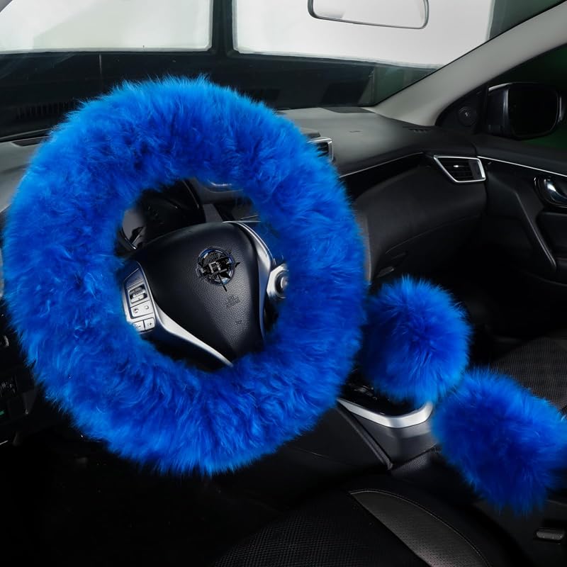 Kit de acessórios para volante em lã de ovelha azul com capas para câmbio e freio de mão FL FLMAPLES