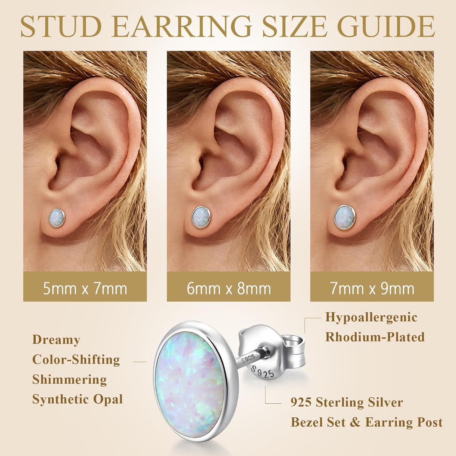 Opal Stud Earrings for Women Men, 925 Sterling Silver Hypoallergenic Earrings, Round & Oval Bezel Set Created Opal, Multi-Color Jewelry Gift (White/Red/Blue/Green) - Image 6