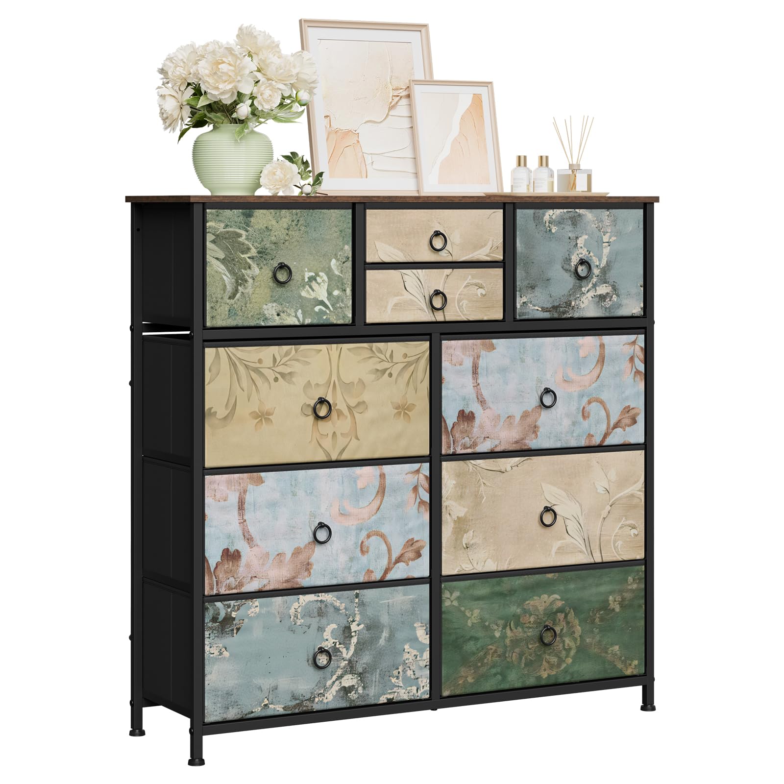 WOLTU Kommode mit 10 Schubladen aus Stoff, Sideboard Schubladenschrank, für Wohnzimmer Schlafzimmer Flur,Rustikales Braun mit Vintage-Blumenmotiv, 100 x 100 x 30 cm, SSK009pw