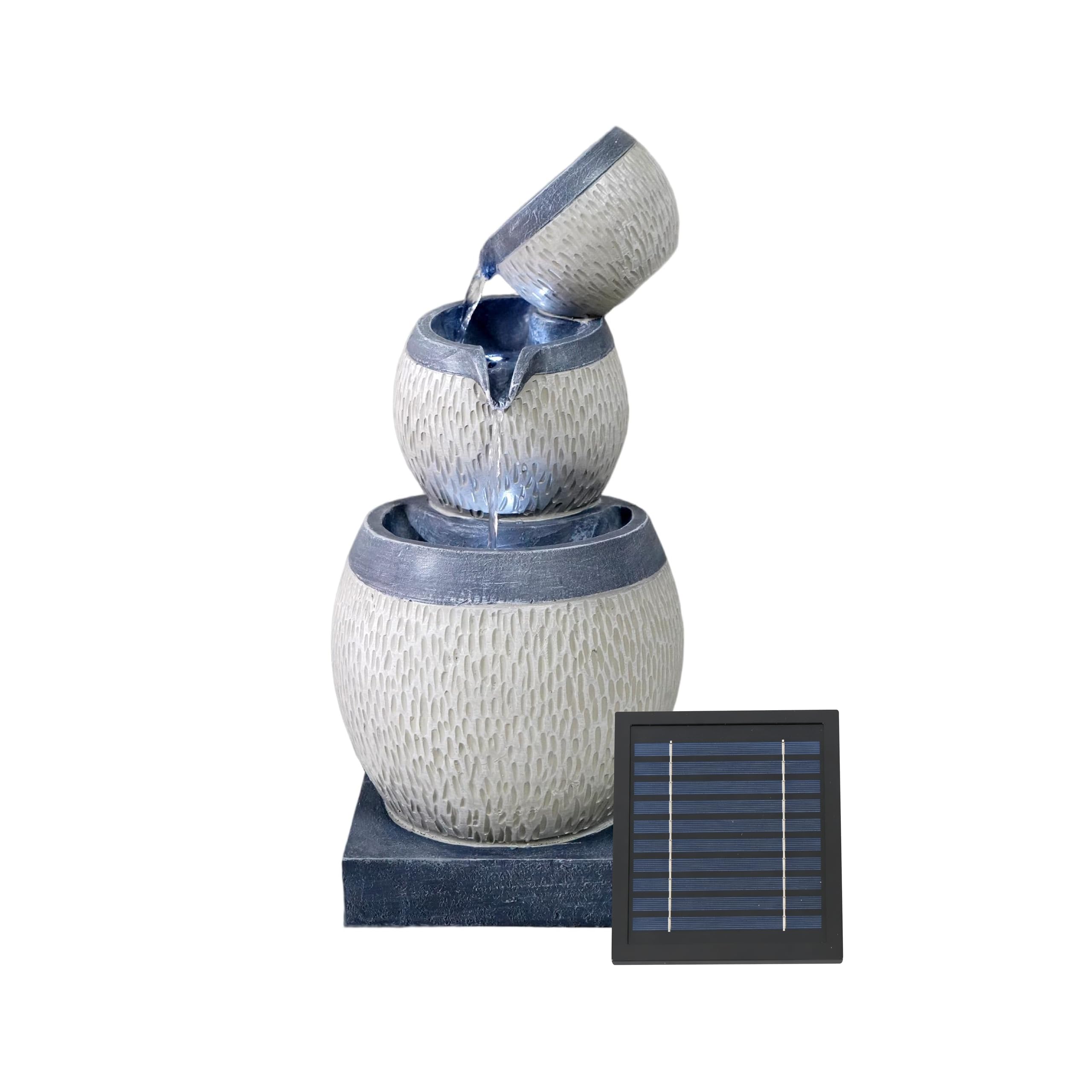Gardenwize Beige Solar Water Feature, 3-Tier Cascading Bowl With Battery Backup – Solar Powered Garden Fountain, No Wiring Or Running Costs, Outdoor Patio & Balcony Décor