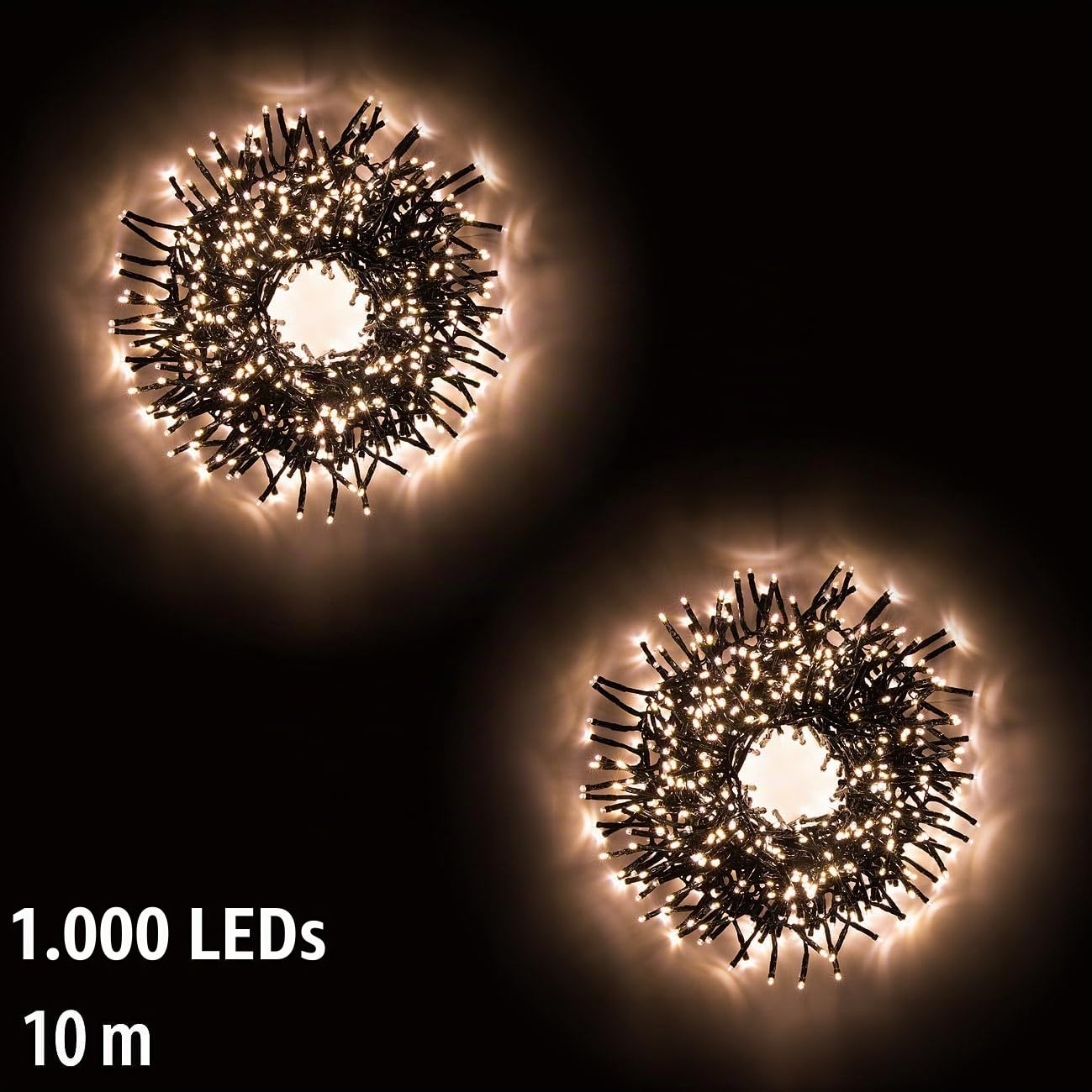Lunartec Lichterkette innen: 2er LED-Büschel-Lichterkette, 1.000 LEDs, 8 Modi, IP44, 10 m, warmweiß (Büschellichterkette Outdoor, Ledkette, Baum)