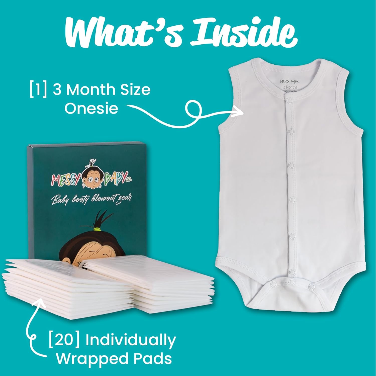 Messy Baby Co. Blowout Protection Kit for 3-Month-Olds – Snap-Front Baby Onesie & 20 Disposable Pads – Easy Cleanup for Diaper Blowouts On-The-Go